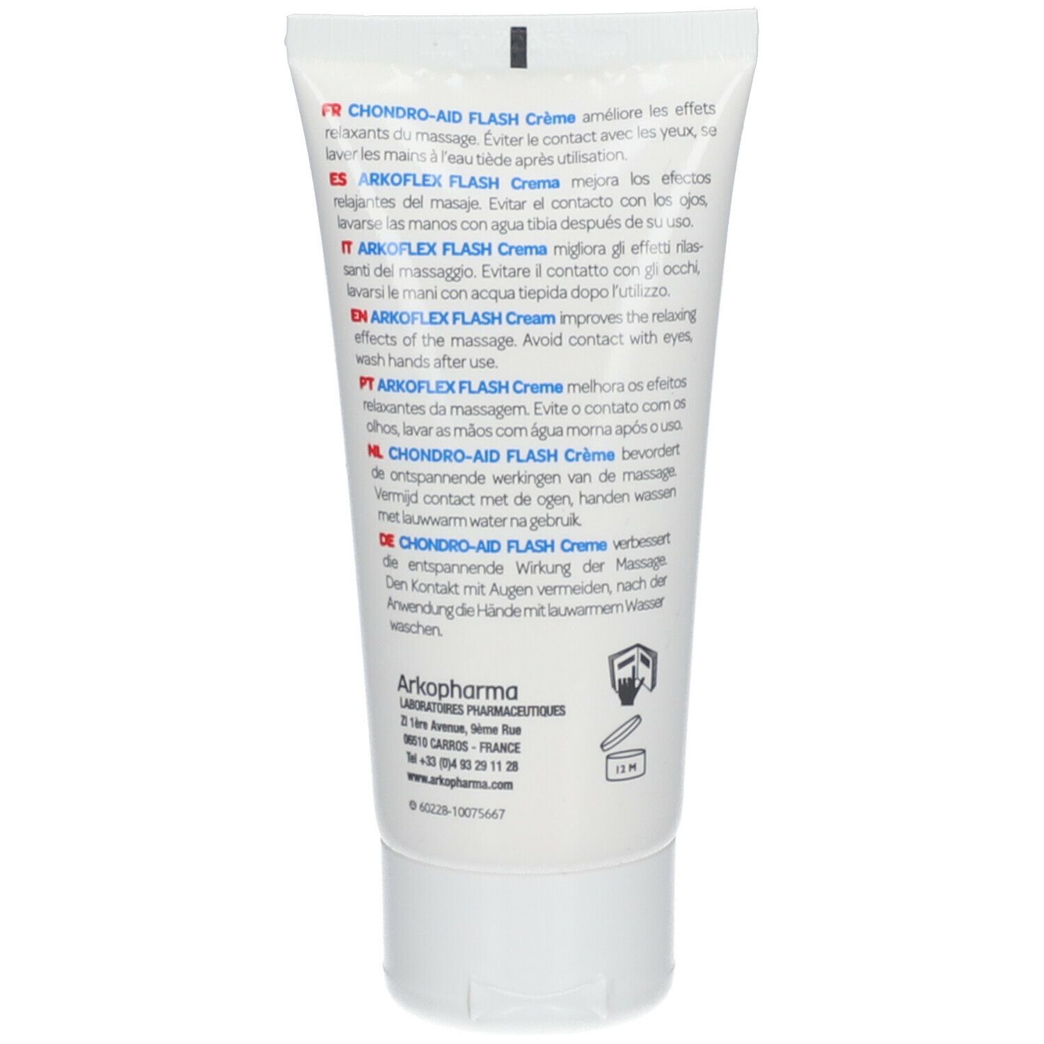 Dos d'un tube de crème. Informations multilingues. Marque: Arkopharma. Nom: Chondro-Aid Arkoflex Flash Creme.