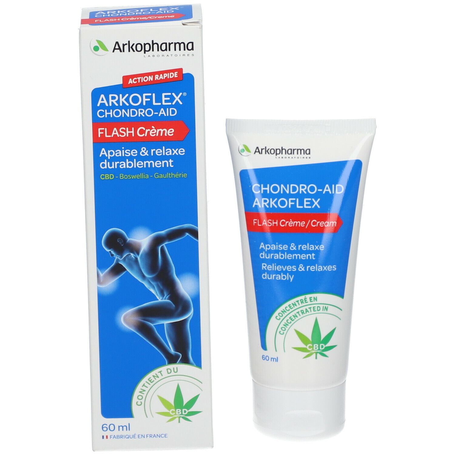 Emballage et tube. Marque: Arkopharma. Nom: Chondro-Aid Arkoflex Flash Creme. Contient du CBD. 60 ml.
