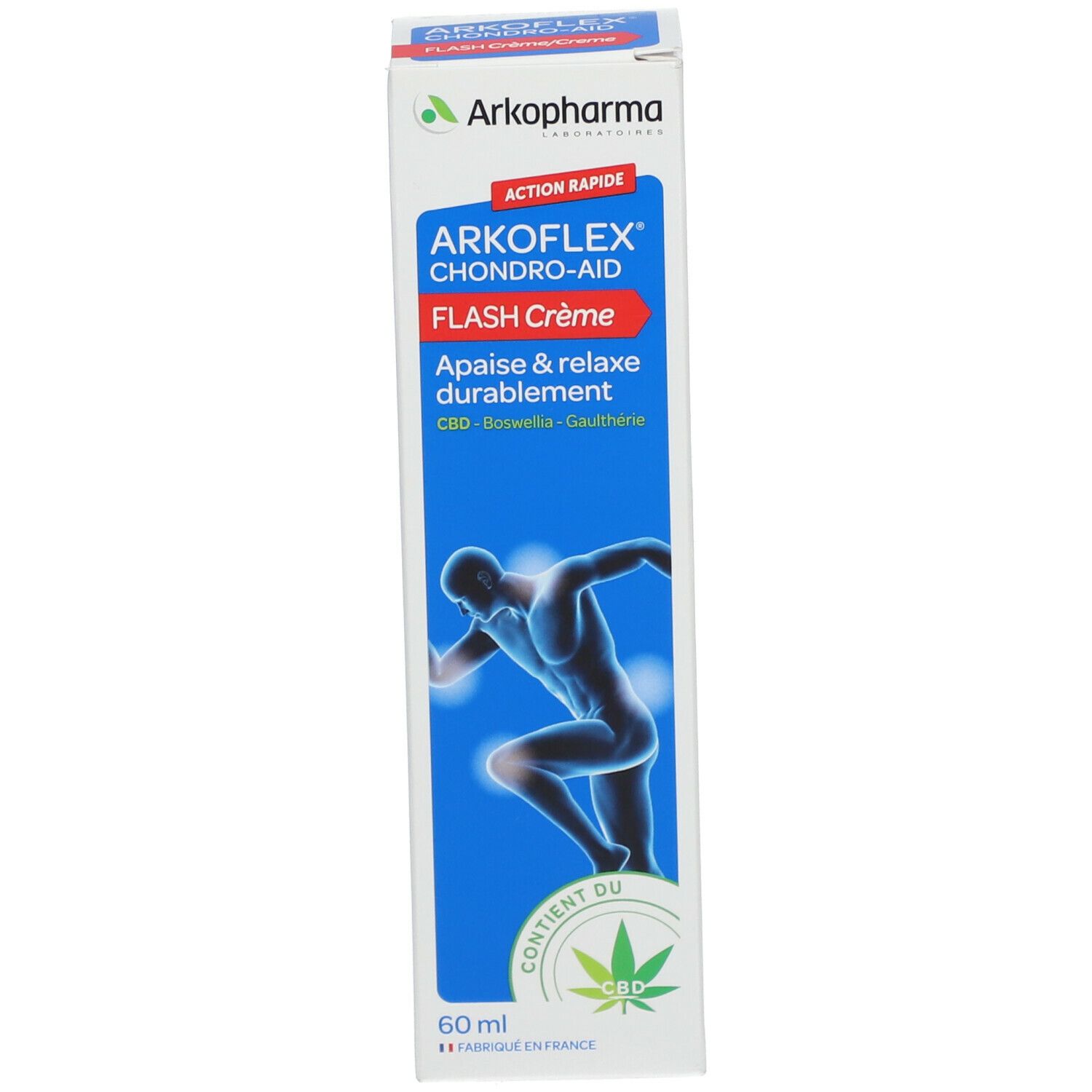 Emballage. Marque: Arkopharma. Nom: Chondro-Aid Arkoflex Flash Creme. Contient du CBD. Illustration d'une personne.