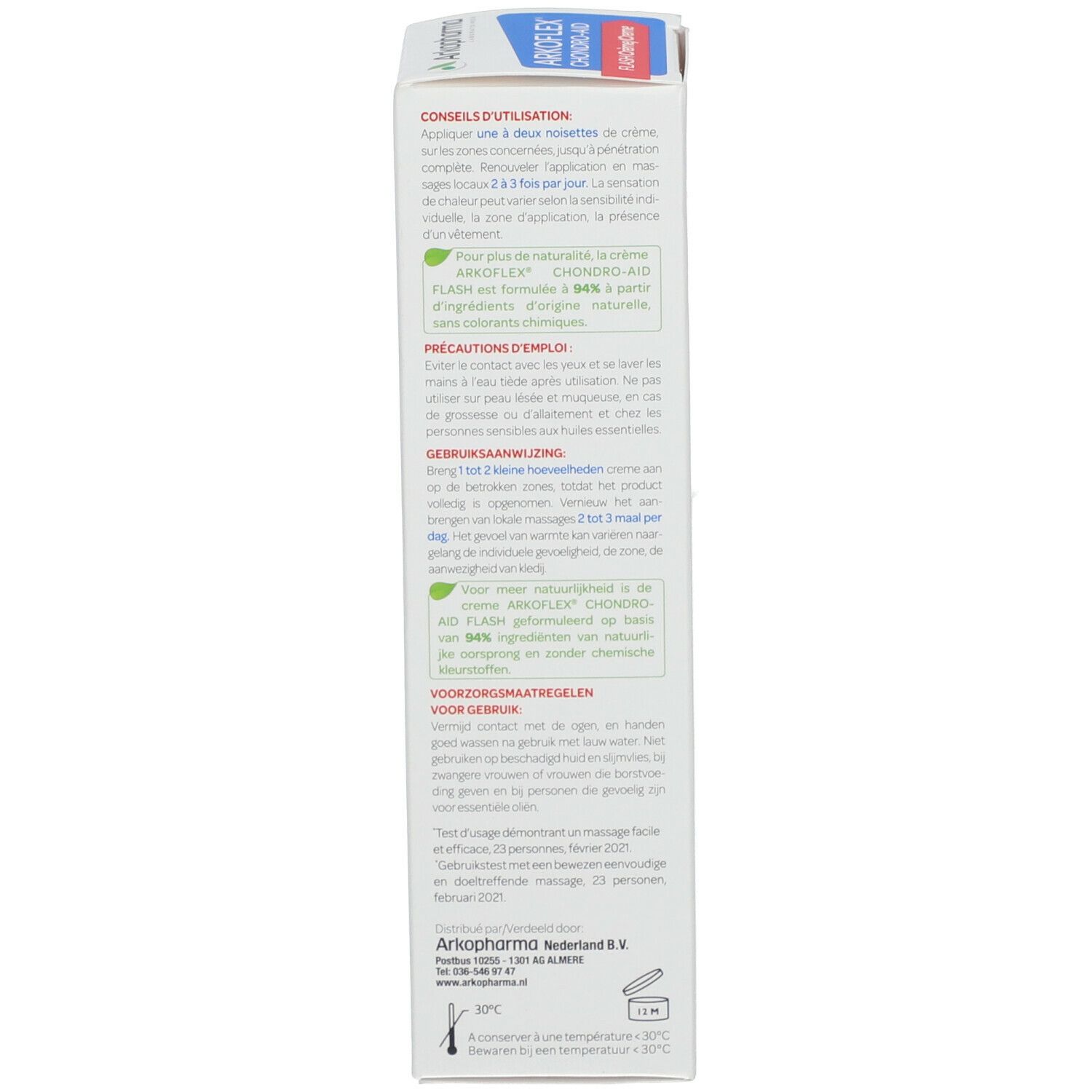 Emballage. Dos avec instructions d'utilisation. Marque: Arkopharma. Nom: Chondro-Aid Arkoflex Flash Creme.