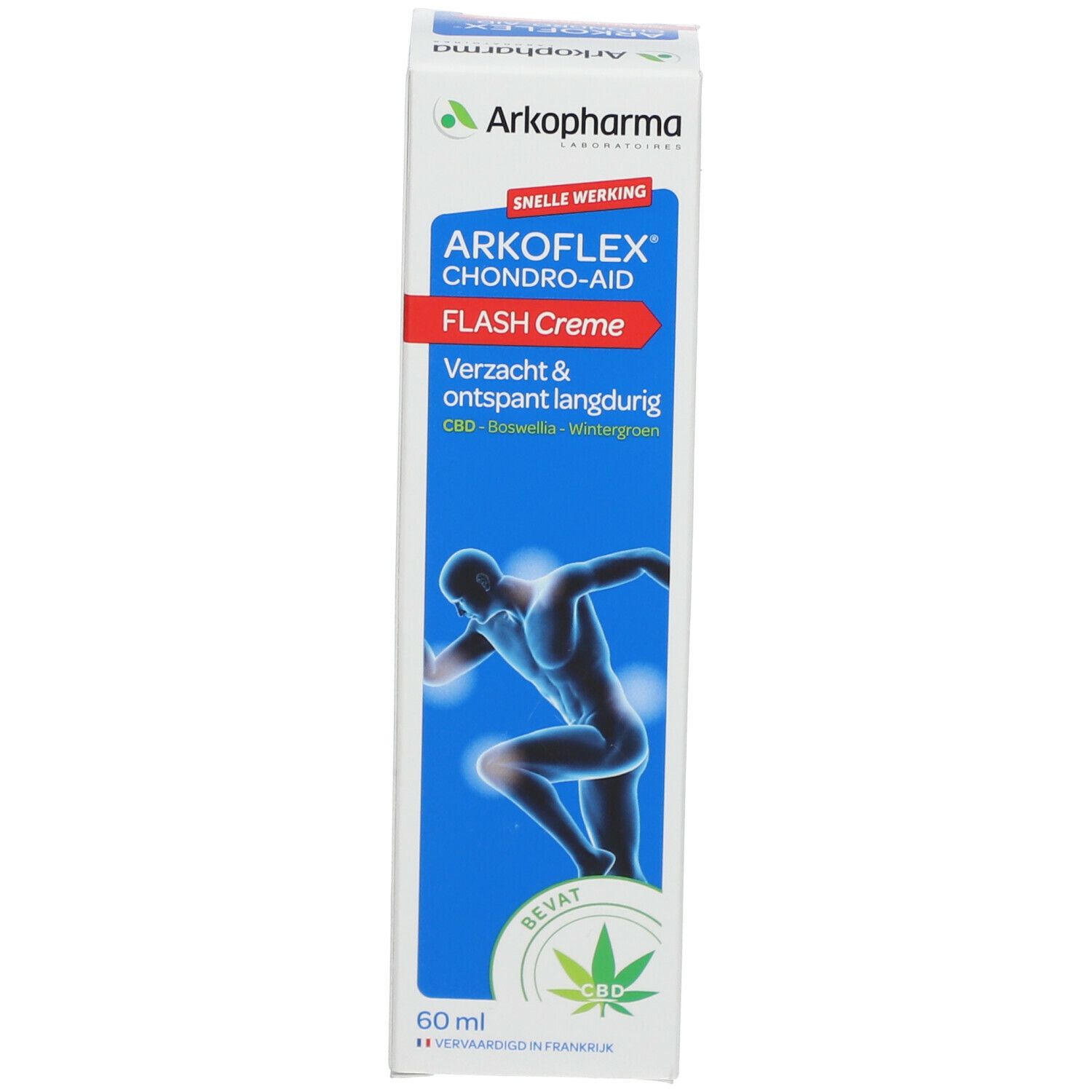Emballage. Marque: Arkopharma. Nom: Chondro-Aid Arkoflex Flash Creme. Contient du CBD. 60 ml.