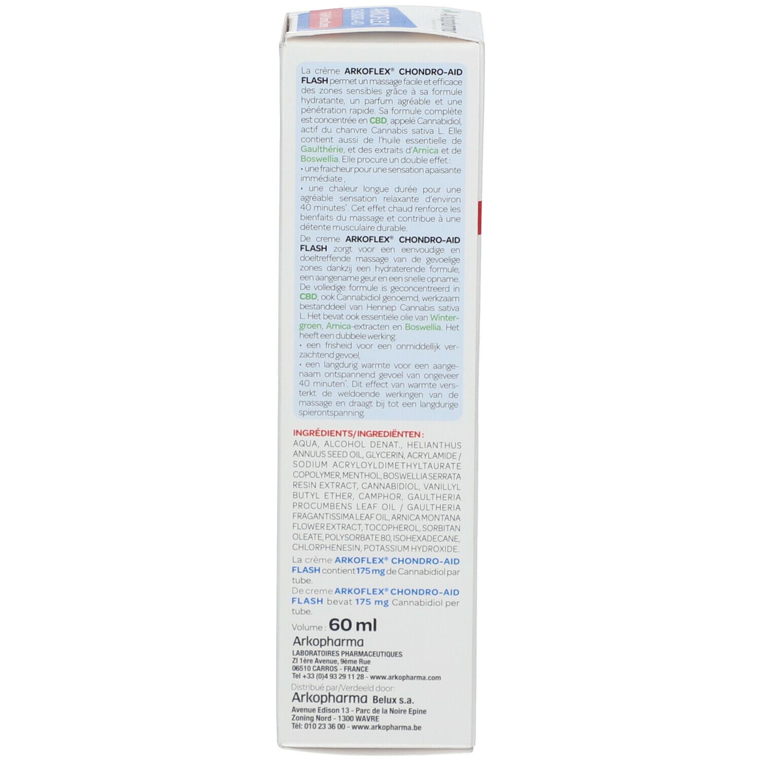 Emballage. Dos avec ingrédients. Marque: Arkopharma. Nom: Chondro-Aid Arkoflex Flash Creme. 60 ml.