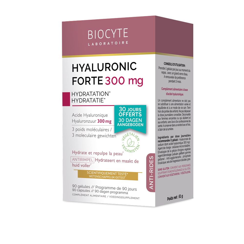 Boîte BIOCYTE Hyaluronic Forte 300 mg. Rose et blanche. Texte : HYALURONIC FORTE 300 mg, Hydratation. Vegan. 90 gélules.