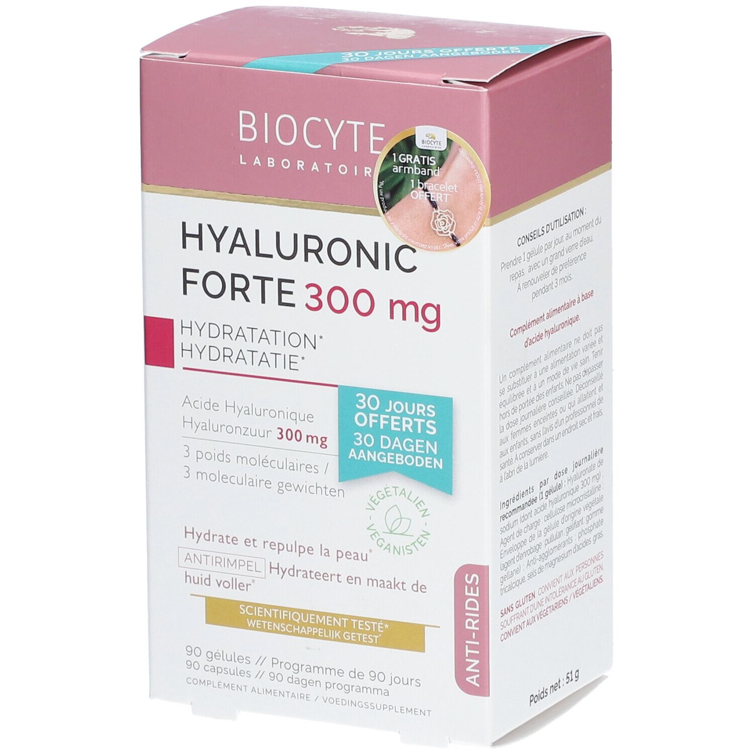 Boîte BIOCYTE Hyaluronic Forte 300 mg. Rose et blanche. Texte : HYALURONIC FORTE 300 mg, Hydratation. Vegan. 90 gélules.
