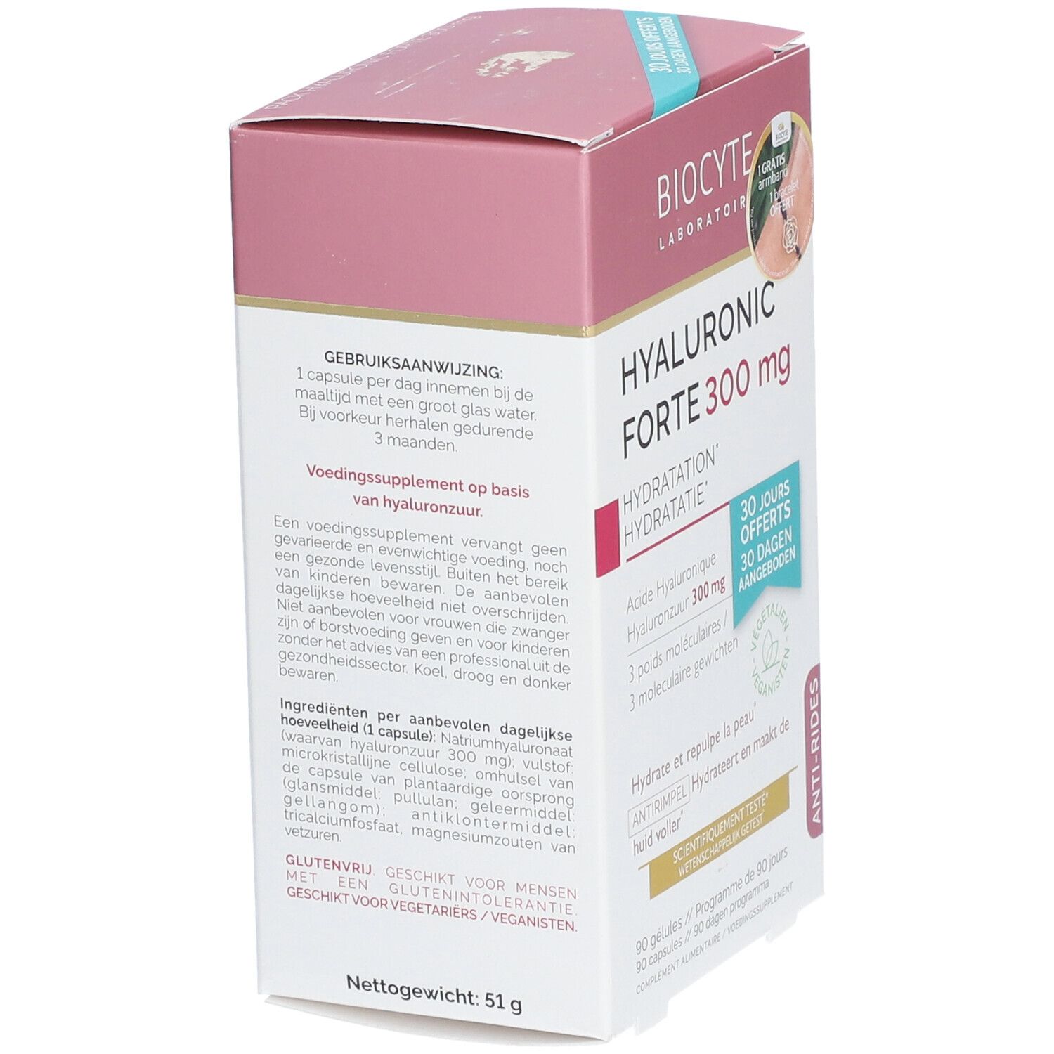 Boîte BIOCYTE Hyaluronic Forte 300 mg. Rose et blanche. Texte : HYALURONIC FORTE 300 mg, ingrédients, 51g. Sans gluten, vegan.