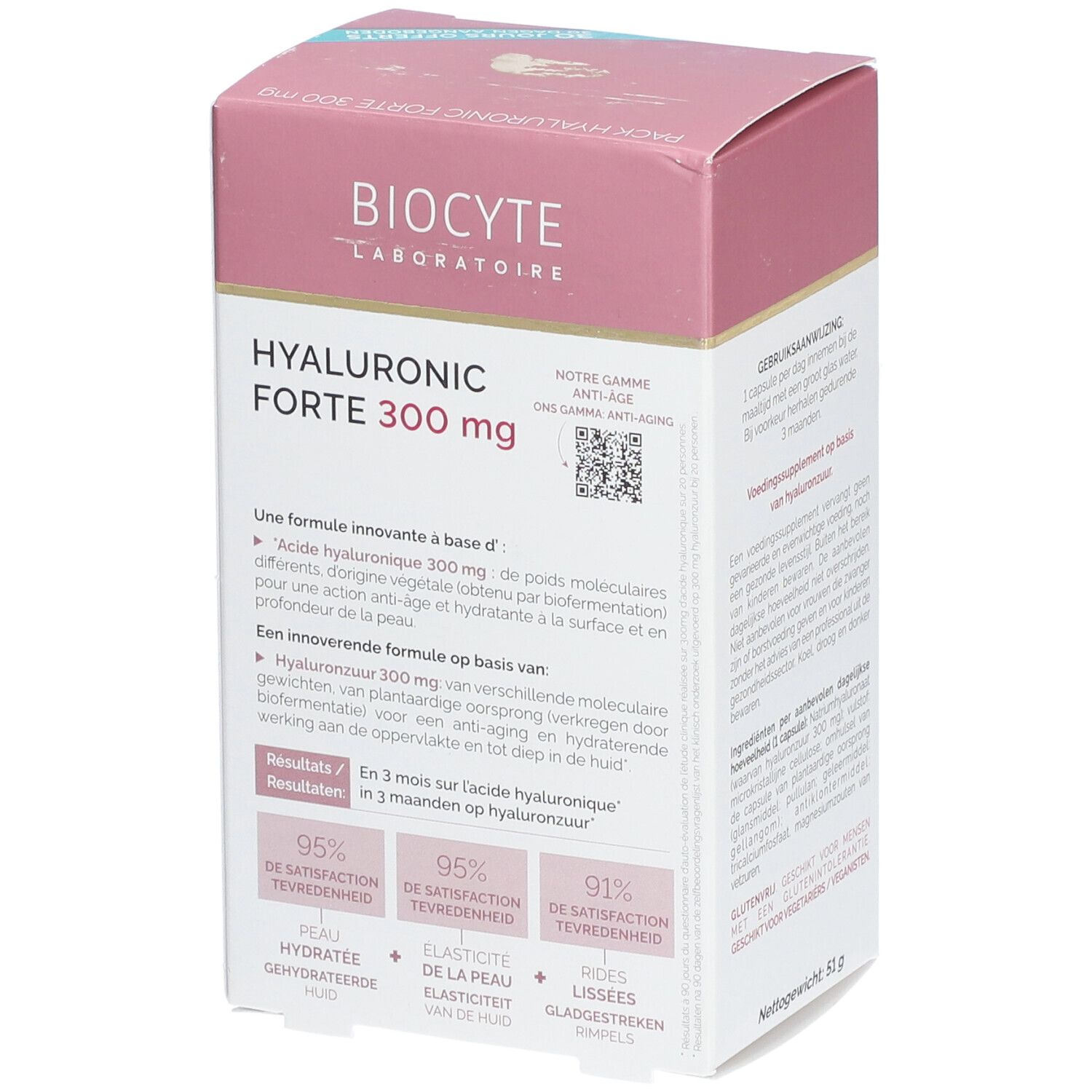 Boîte BIOCYTE Hyaluronic Forte 300 mg. Rose et blanche. Texte : HYALURONIC FORTE 300 mg, Anti-âge, résultats, 95% satisfaction.