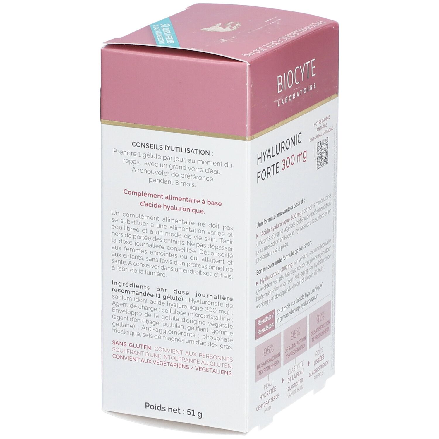 Boîte BIOCYTE Hyaluronic Forte 300 mg. Rose et blanche. Texte : HYALURONIC FORTE 300 mg, conseils d'utilisation, 51g. Vegan.