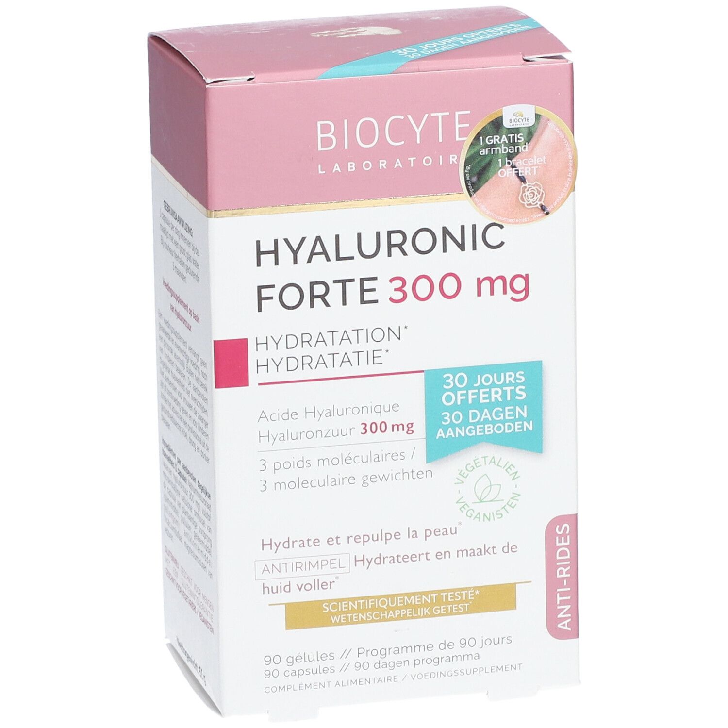 Boîte BIOCYTE Hyaluronic Forte 300 mg. Rose et blanche. Texte : HYALURONIC FORTE 300 mg, Hydratation. Vegan. 90 gélules.