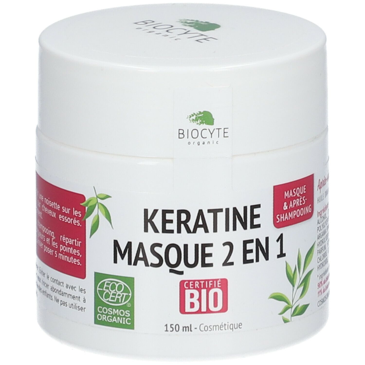 Witte pot met deksel. Opschrift: Kératine Masque 2 en 1, Bio-certificering, Biocyte-logo. Bladdecoratie.