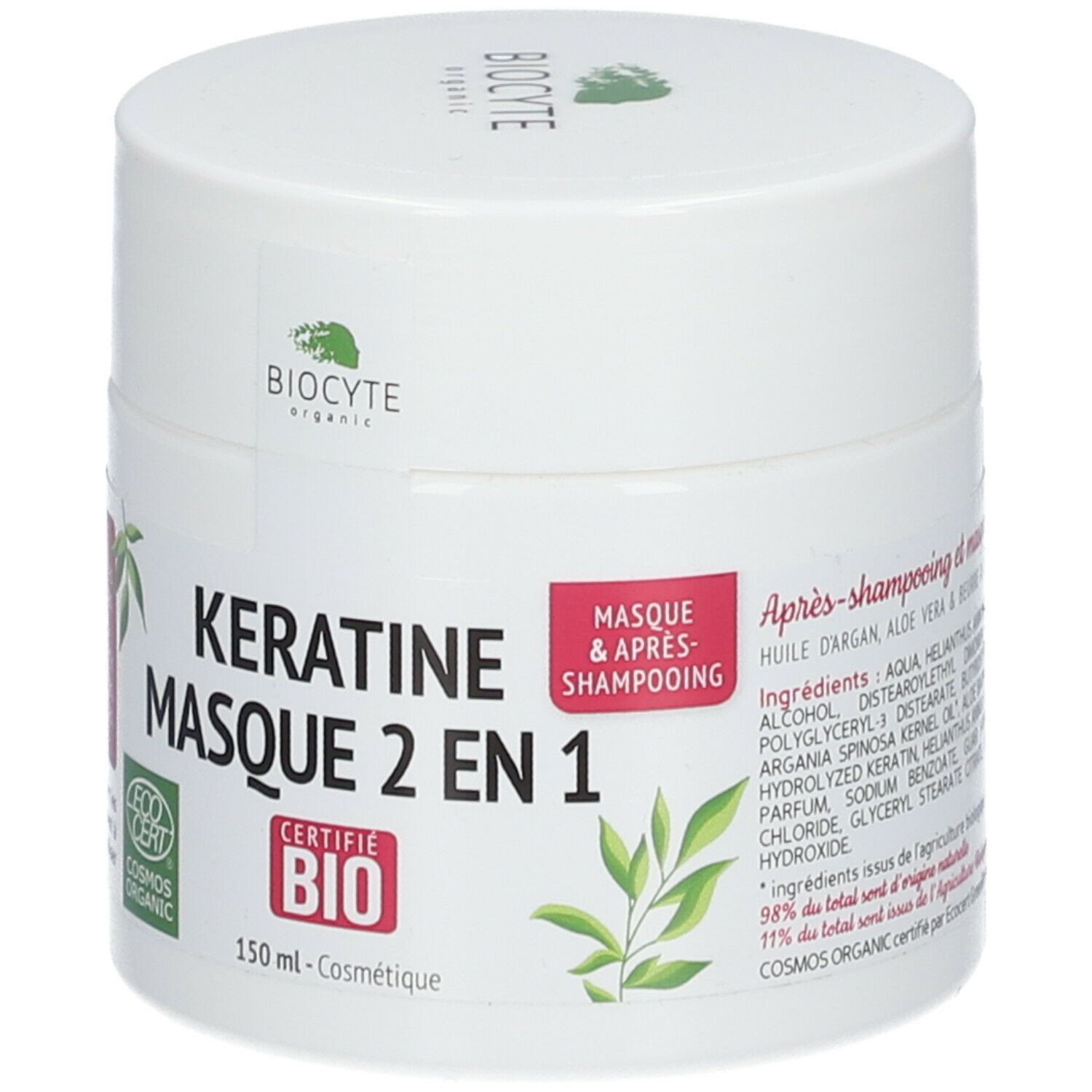 Witte pot met deksel. Opschrift: Kératine Masque 2 en 1, Bio-certificering, Biocyte-logo. Bladdecoratie.