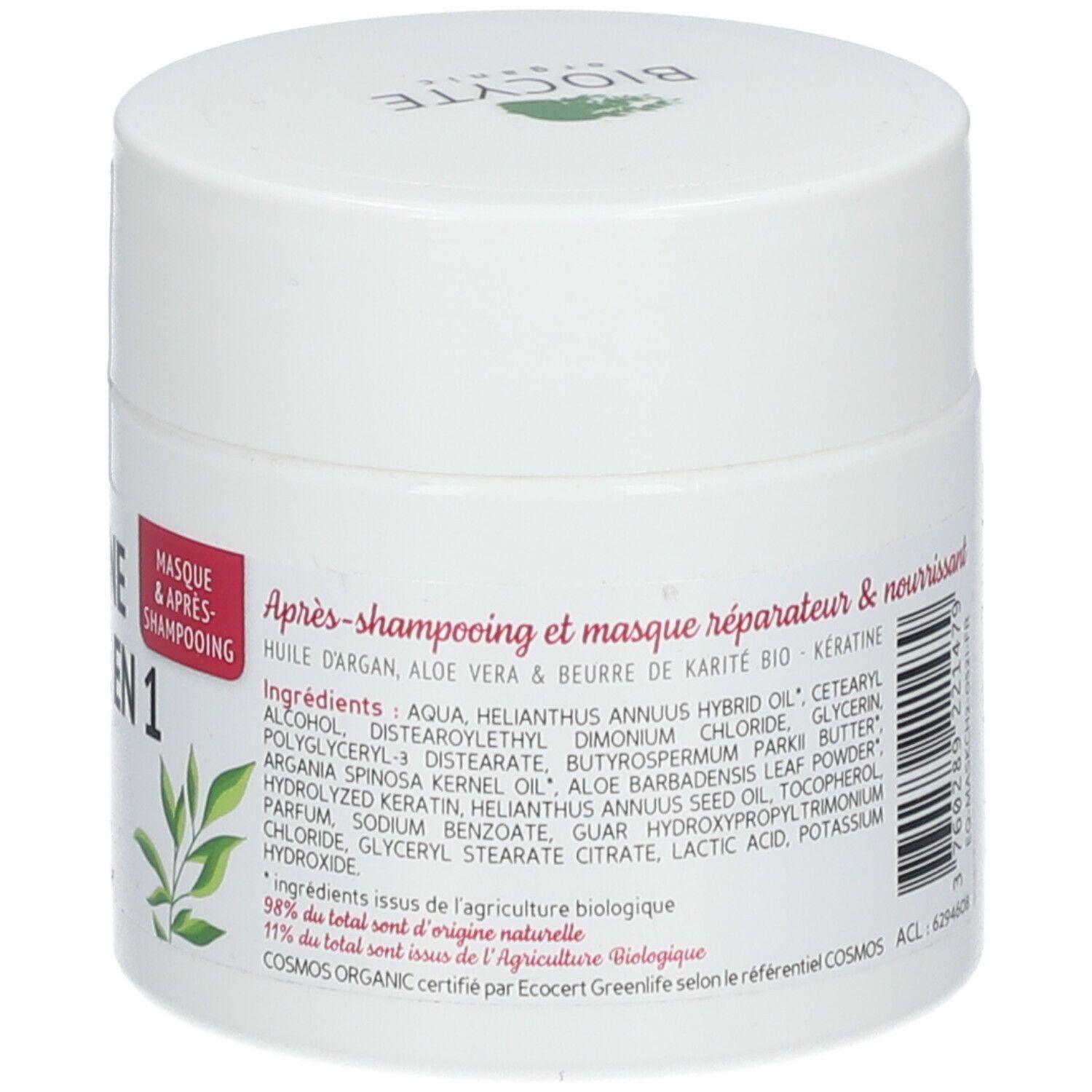 Witte pot met deksel. Achterkant met tekst: ingrediënten, Bio-certificering, Biocyte-logo. Bladdecoratie.