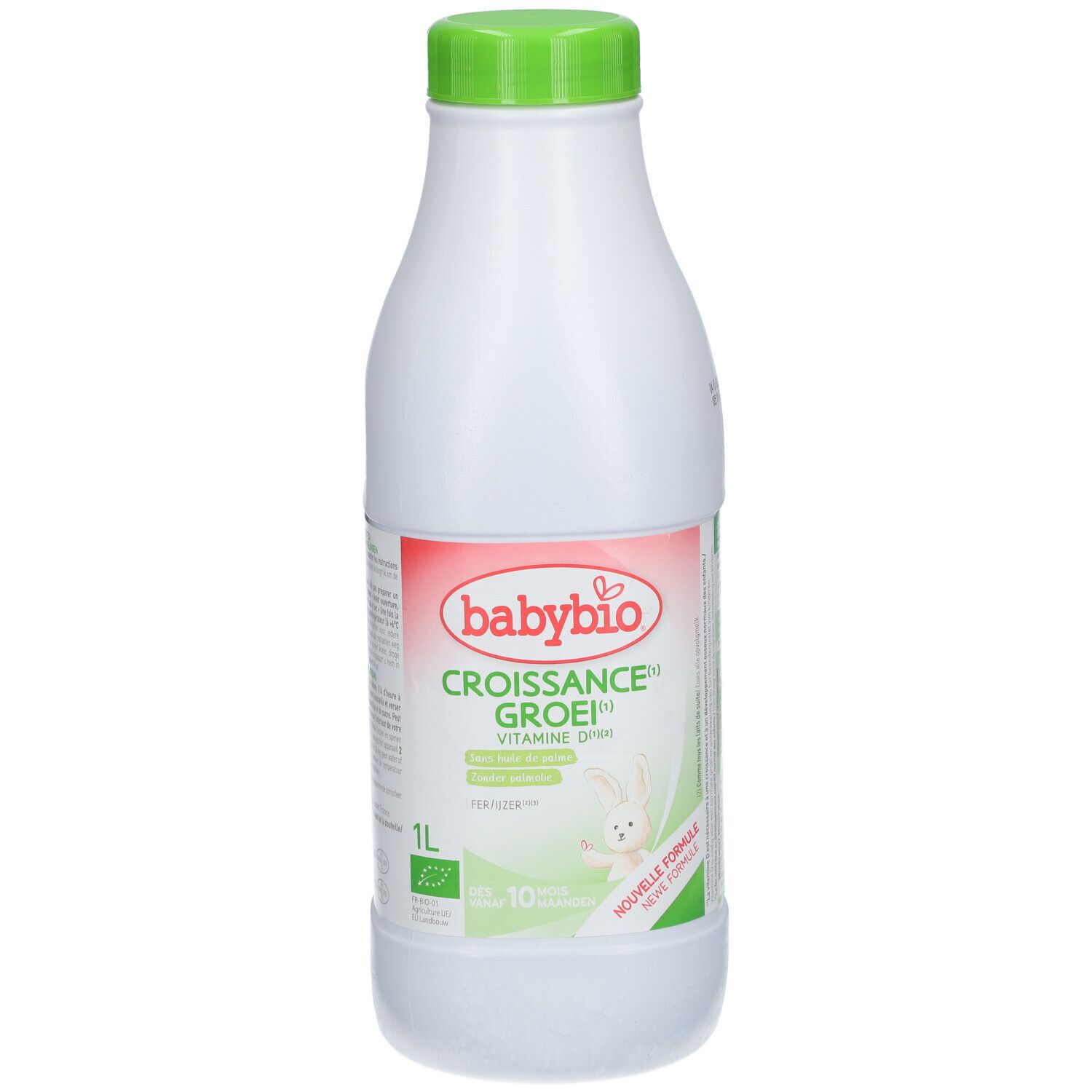 Weiße Flasche mit grünem Deckel. Babybio-Logo und Produktbezeichnung. Aufdruck: Wachstums-Milch, 10 Monate, Bio, 1 Liter.