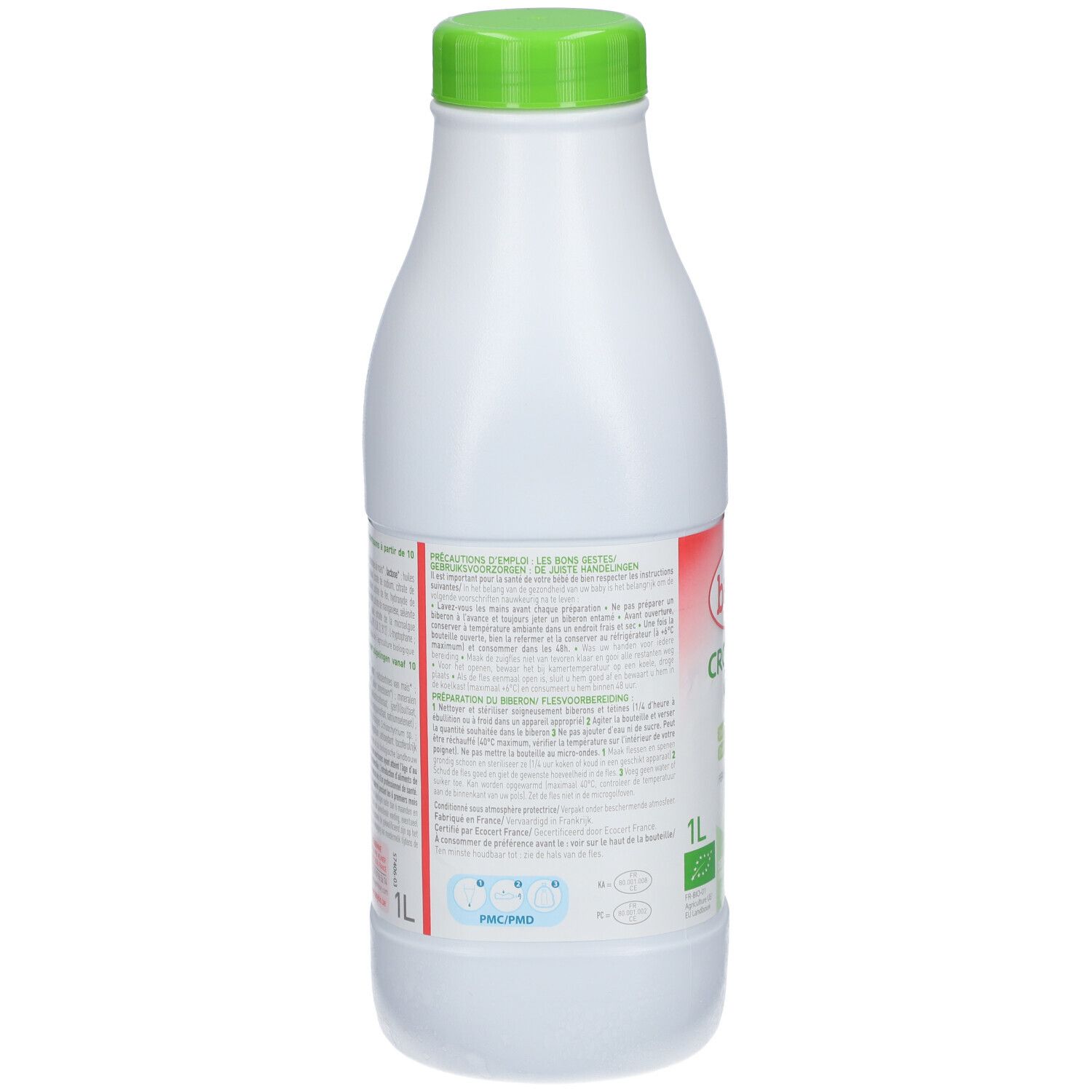 Rückseite der weißen Flasche mit grünem Deckel. Text in mehreren Sprachen. Aufdruck: 1 Liter, Bio-Siegel.