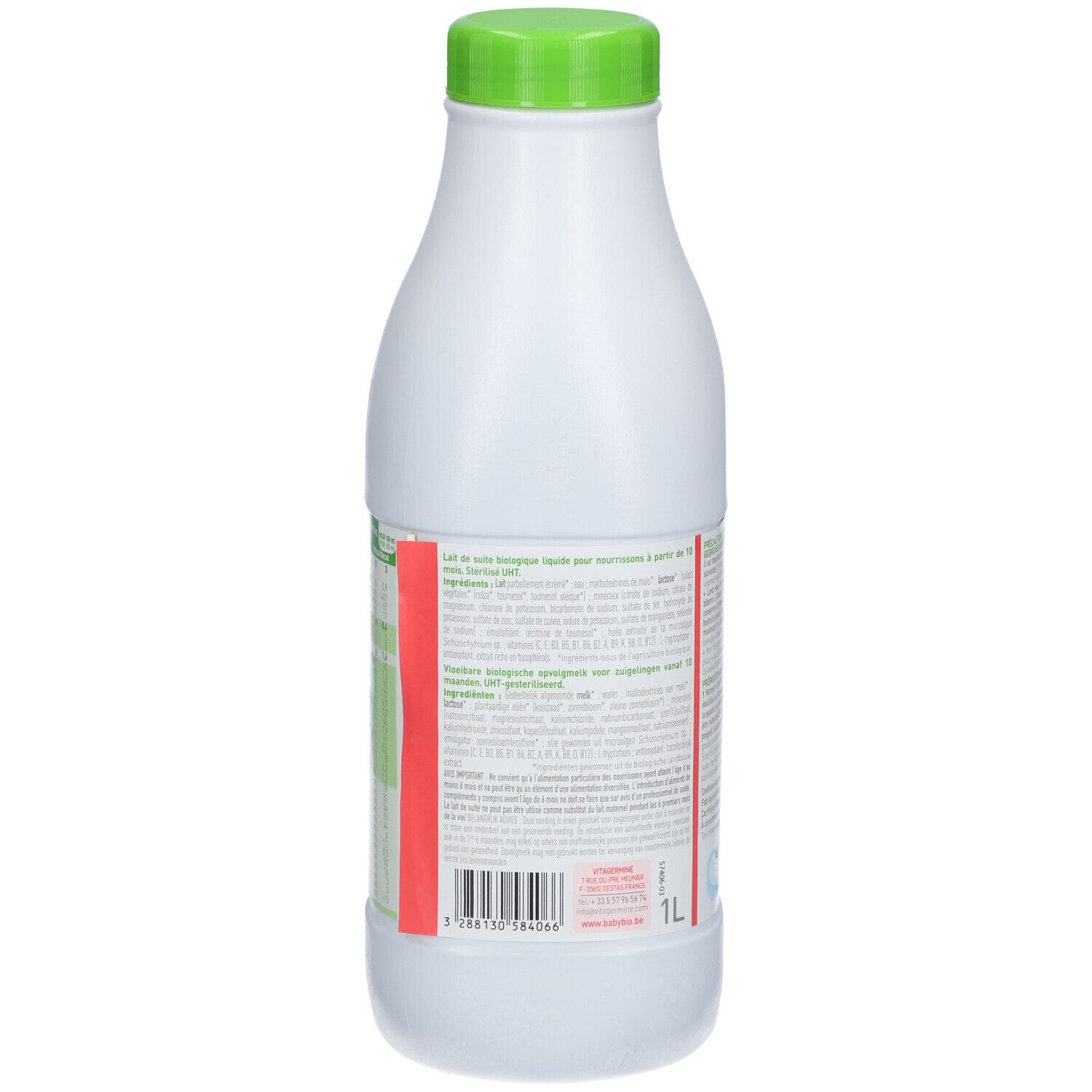 Rückseite der weißen Flasche mit grünem Deckel. Text in mehreren Sprachen. Barcode und Bio-Siegel.