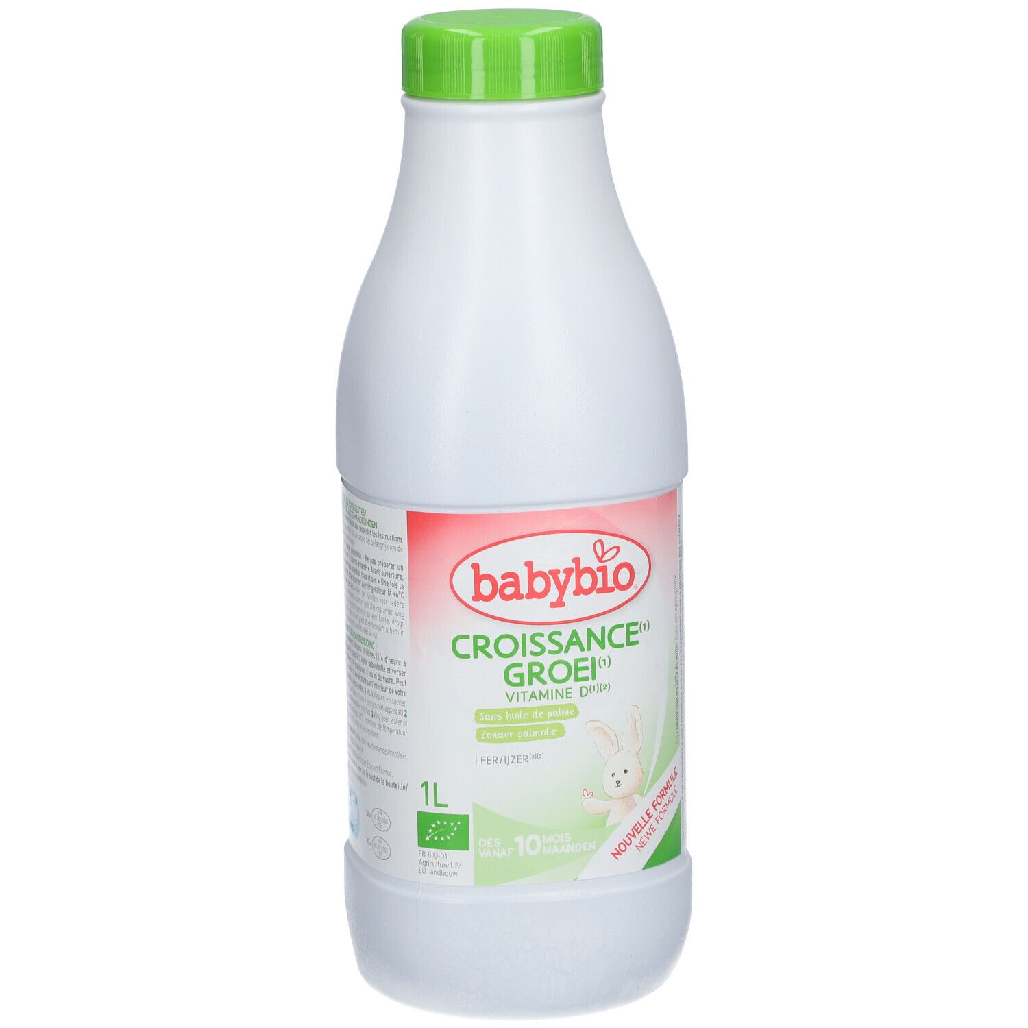 Weiße Flasche mit grünem Deckel. Babybio-Logo und Produktbezeichnung. Aufdruck: Wachstums-Milch, 10 Monate, Bio, 1 Liter.