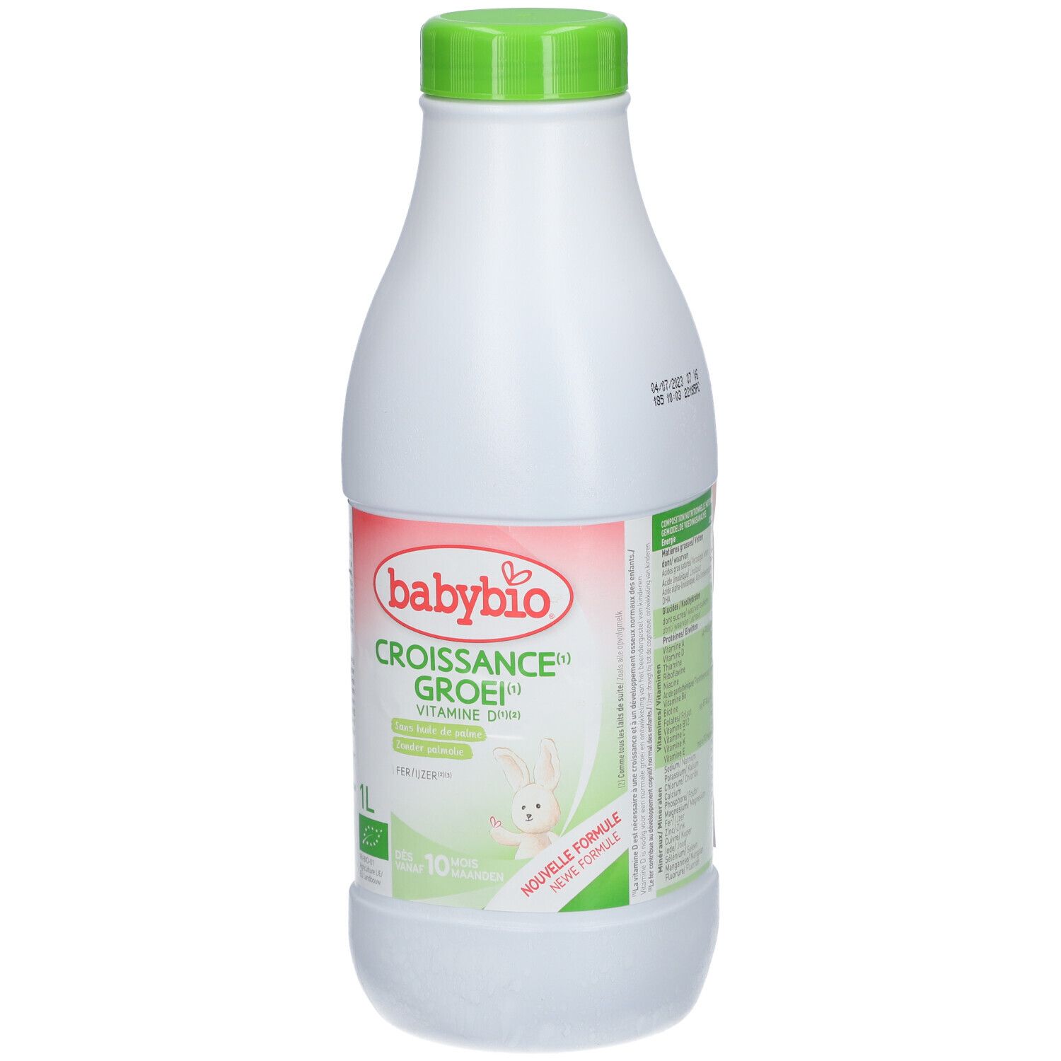 Weiße Flasche mit grünem Deckel. Babybio-Logo und Produktbezeichnung. Aufdruck: Wachstums-Milch, 10 Monate, Bio, 1 Liter. Datumsstempel.