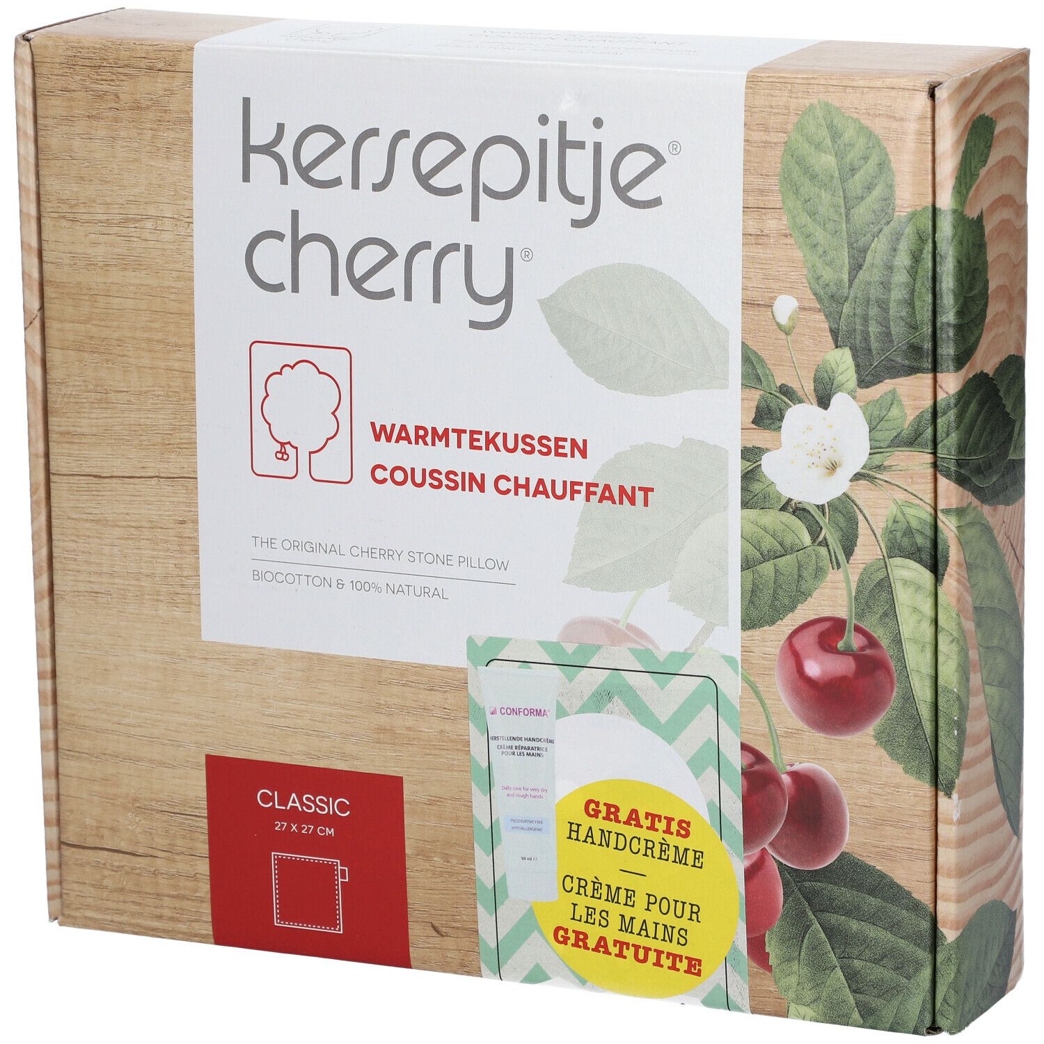 Verpakking met productnaam en kersenafbeelding. Bevat een kersenpitkussen en handcrème. Tekst: GRATIS Handcrème.