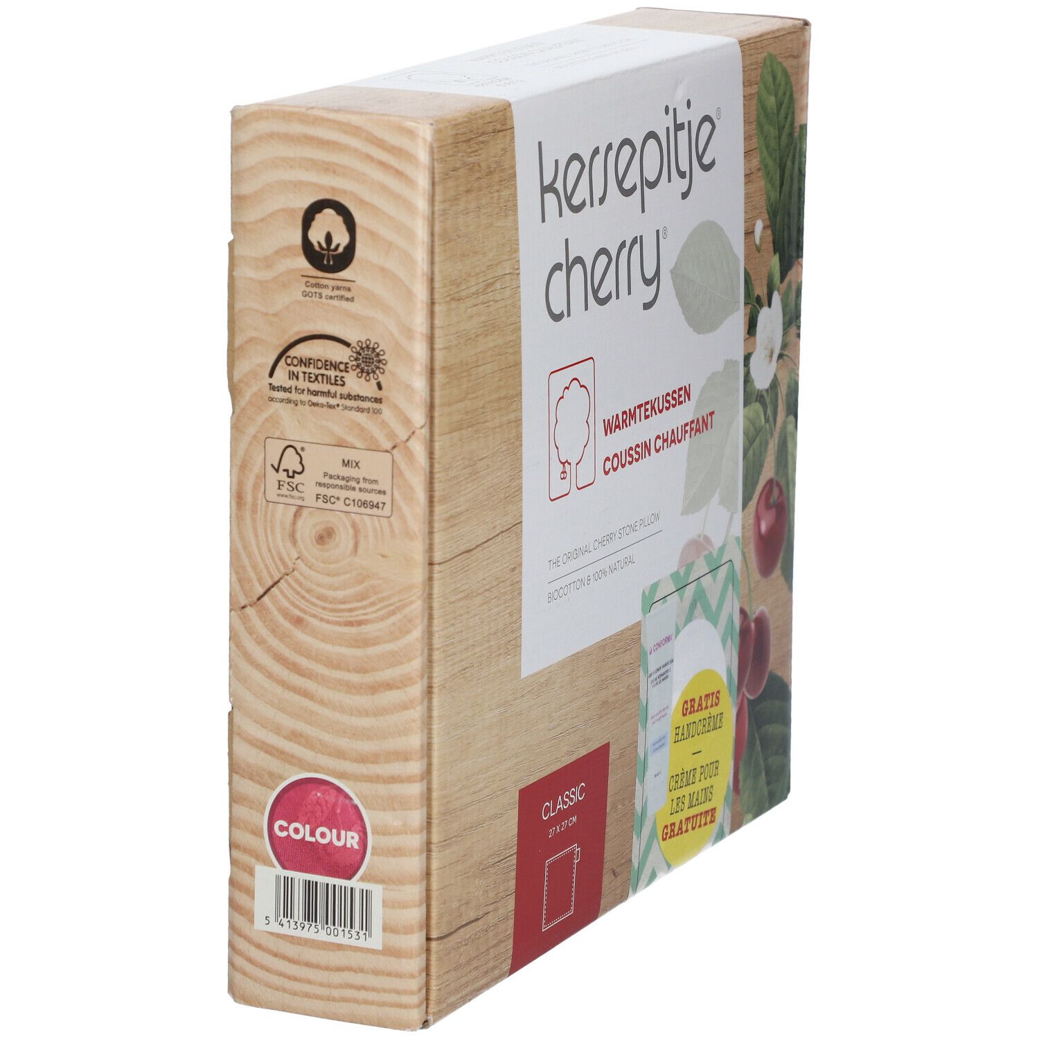 Productverpakking met houtlook. Opdrukken: productnaam, kersenafbeelding, textielcertificering, FSC-keurmerk. Op de zijkant: kleur.