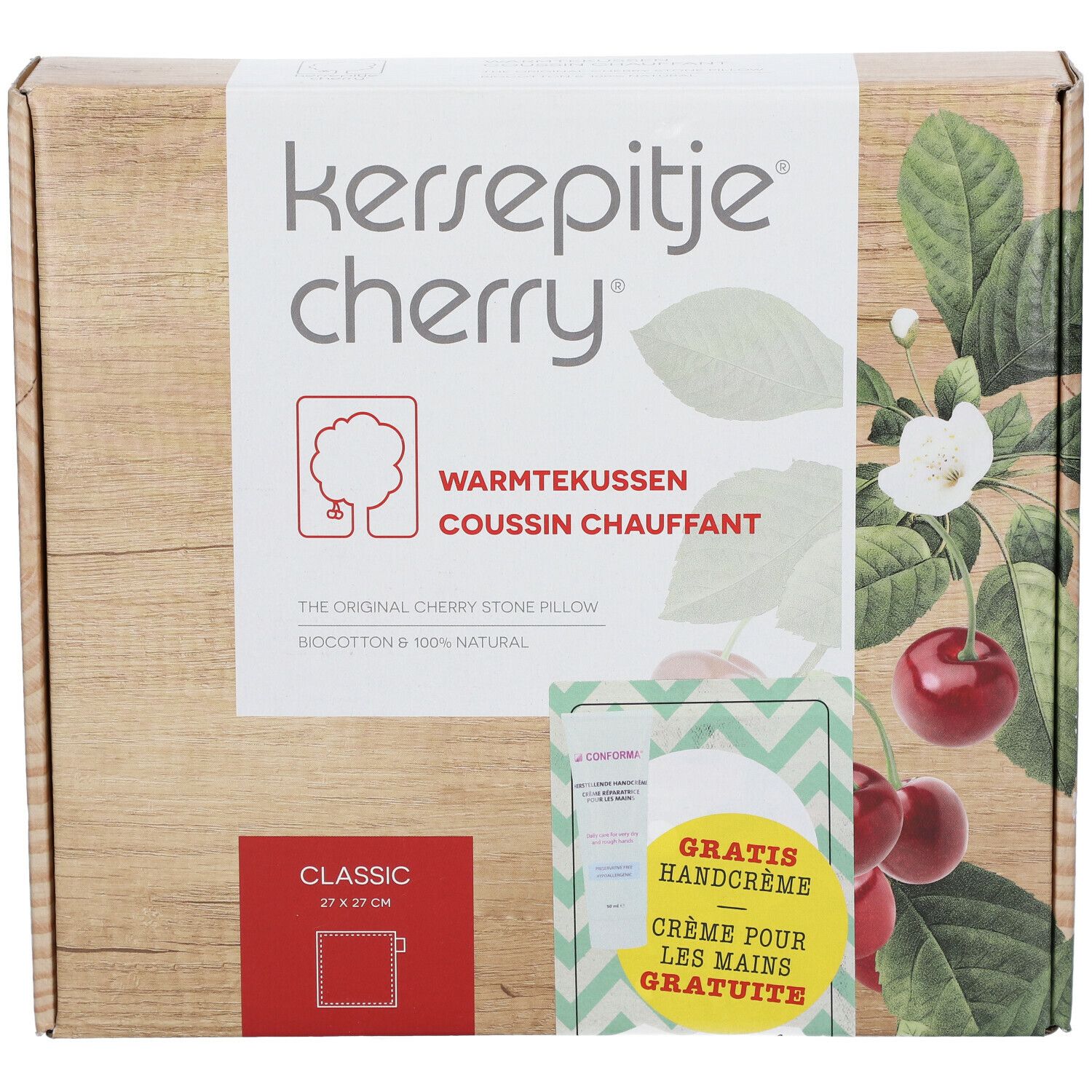 Productverpakking met productnaam en kersenafbeelding. Bevat een kersenpitkussen en handcrème. Tekst: GRATIS Handcrème.