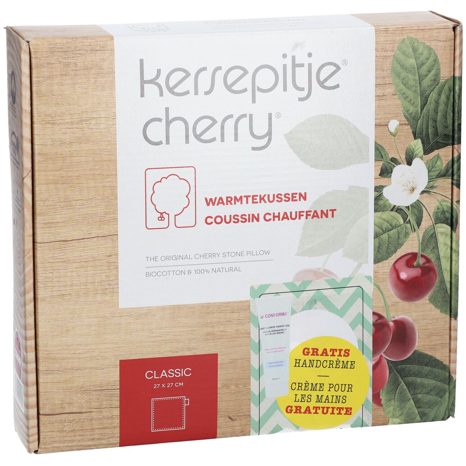 Productverpakking met productnaam en kersenafbeelding. Bevat een kersenpitkussen en handcrème. Tekst: GRATIS Handcrème.