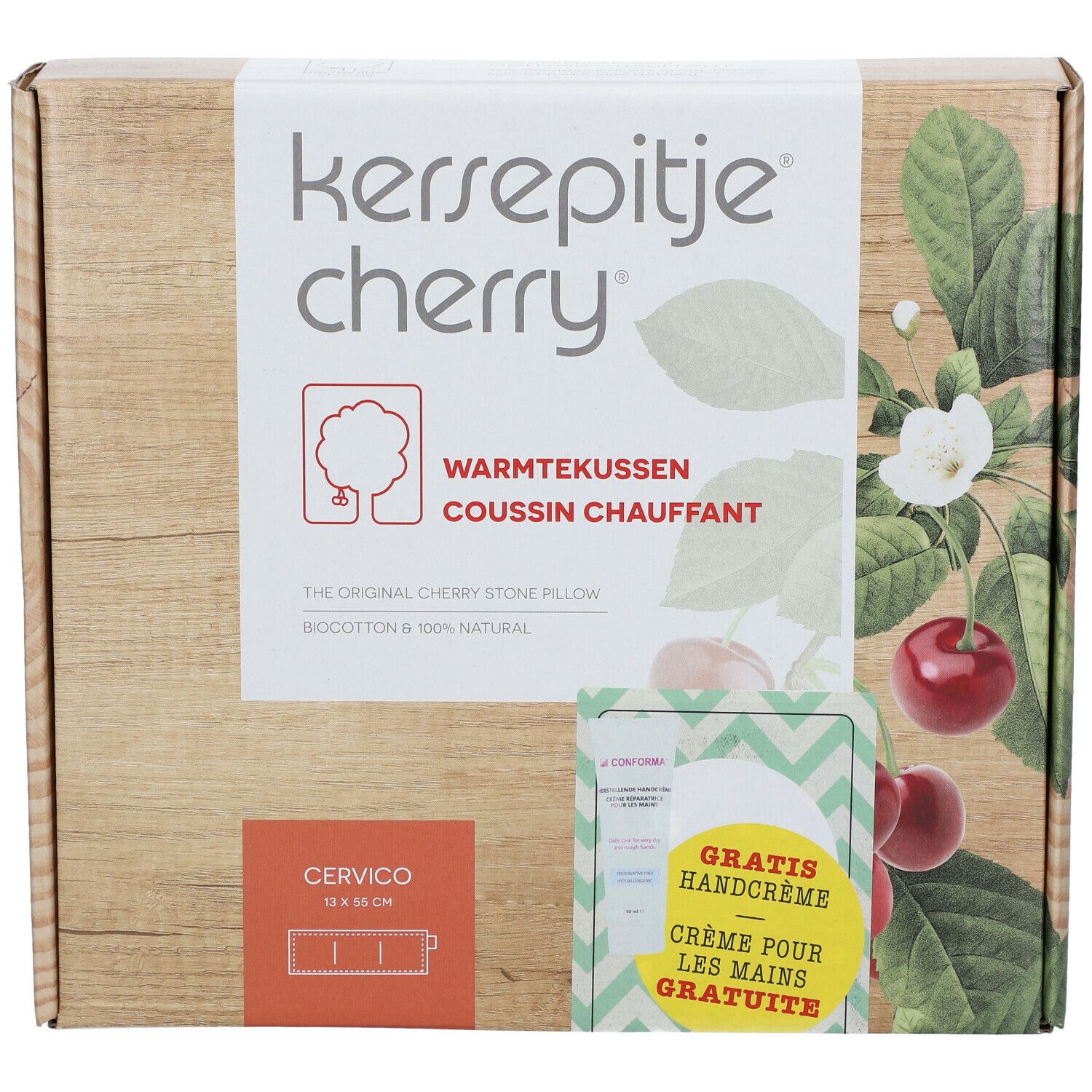 Verpakking met kersenpitkussen. Opschrift: "kersenpitje cherry", "Warmtekussen", "Coussin chauffant". Bevat handcrème.