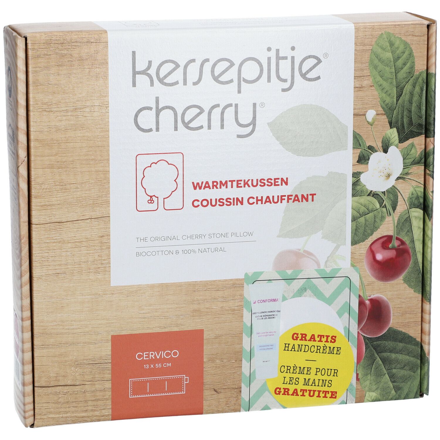 Verpakking met kersenpitkussen. Opschrift: "kersenpitje cherry", "Warmtekussen", "Coussin chauffant". Bevat handcrème.