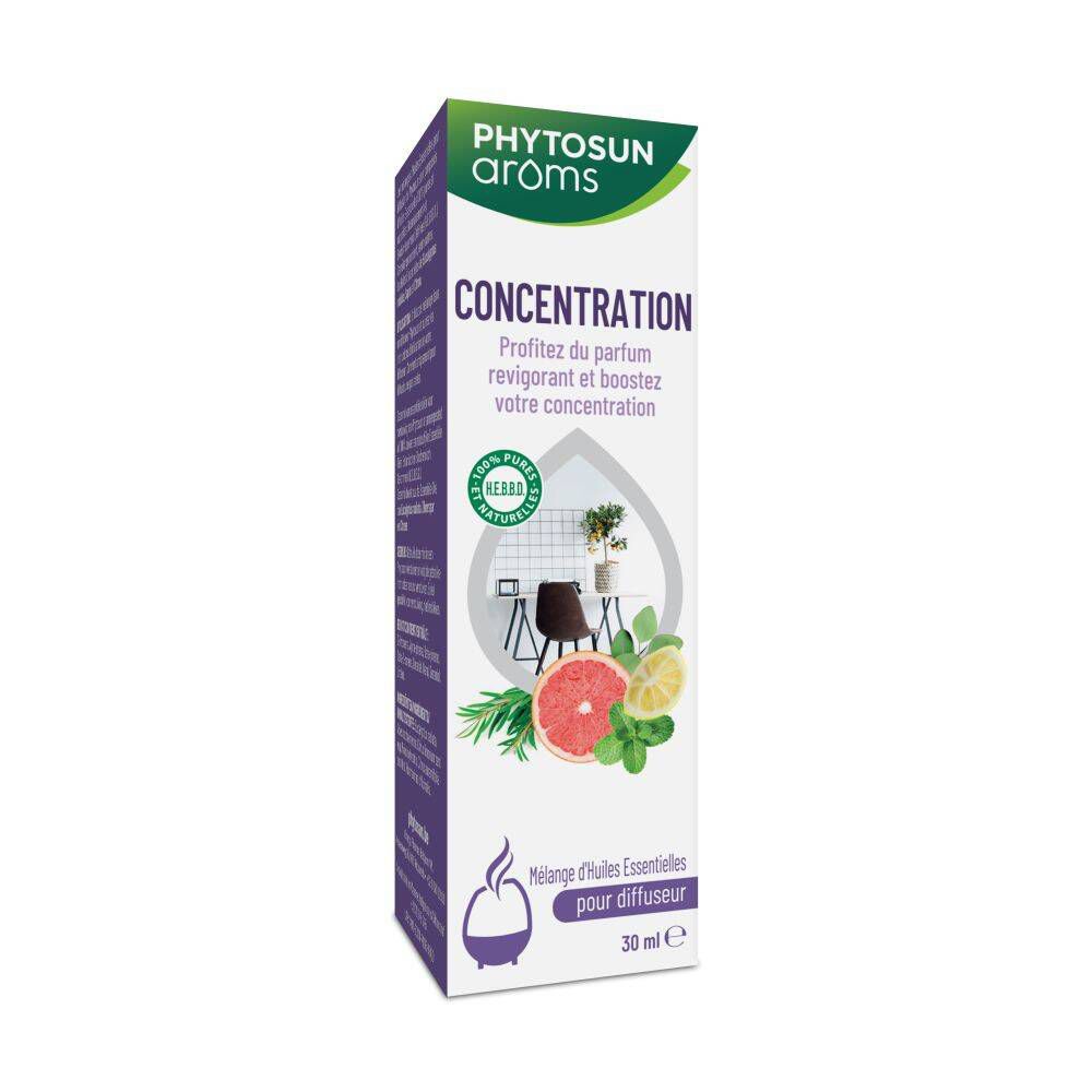 Hoge, rechthoekige verpakking met productafbeelding. Opschrift: Concentration. 30 ml.