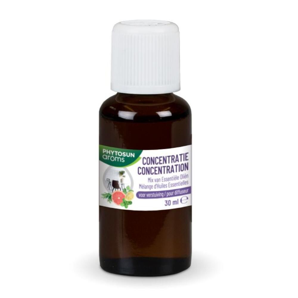Bruine glazen fles met witte dop. Opschrift: Concentration. 30 ml.