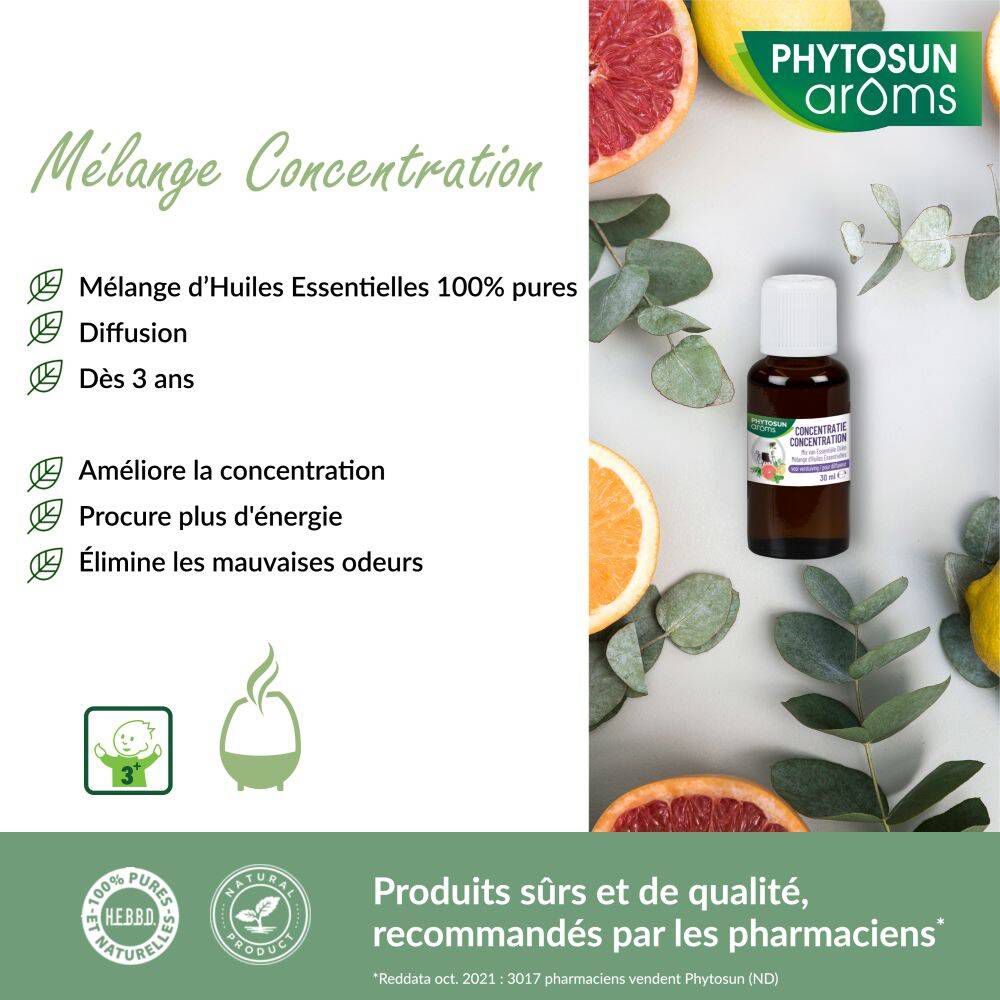 Productafbeelding met tekst. Opschrift: Mélange Concentration. 100% pure oliën. Vanaf 3 jaar.