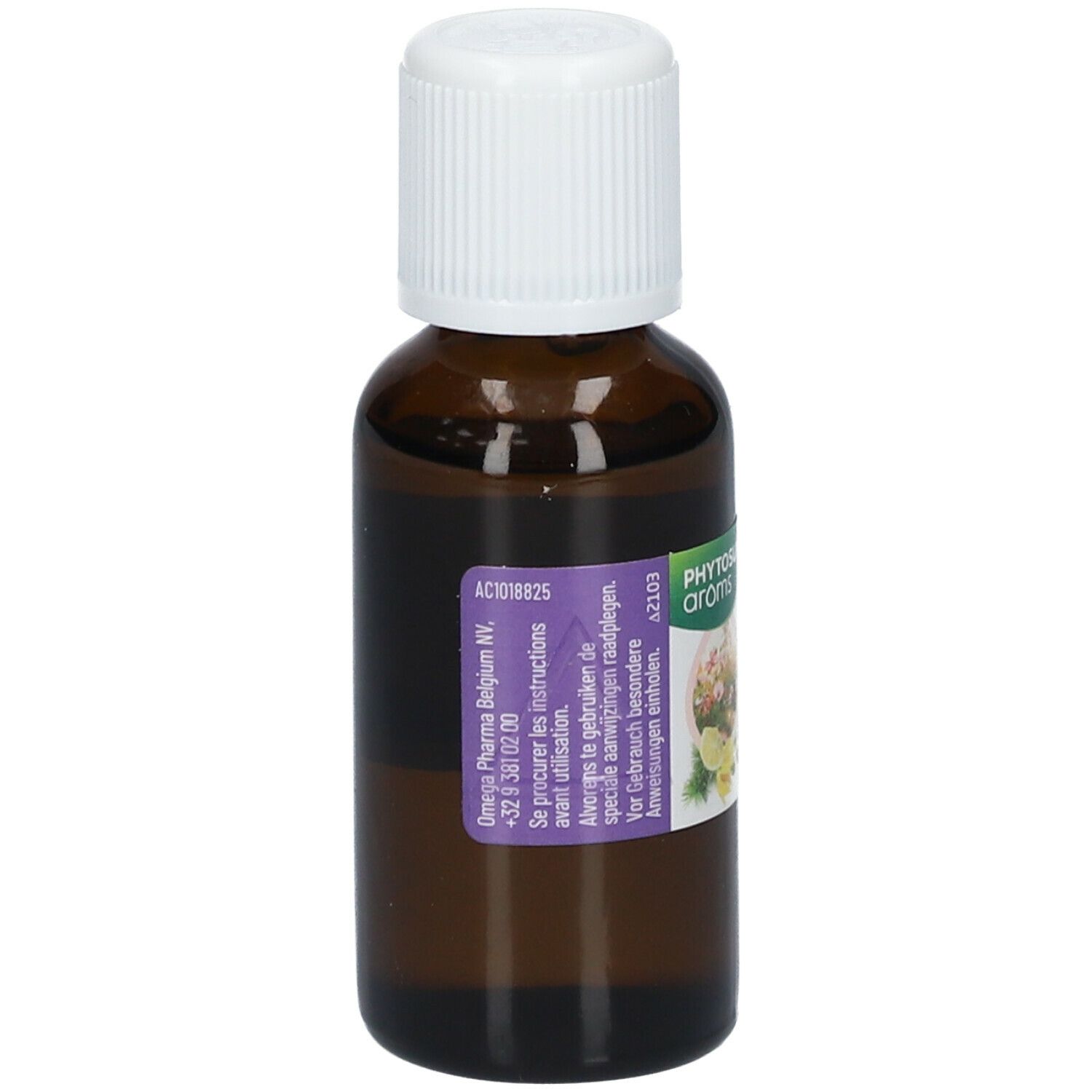 Braune Glasflasche mit weißem Deckel. Etikett mit Produktinformationen. 30 ml.
