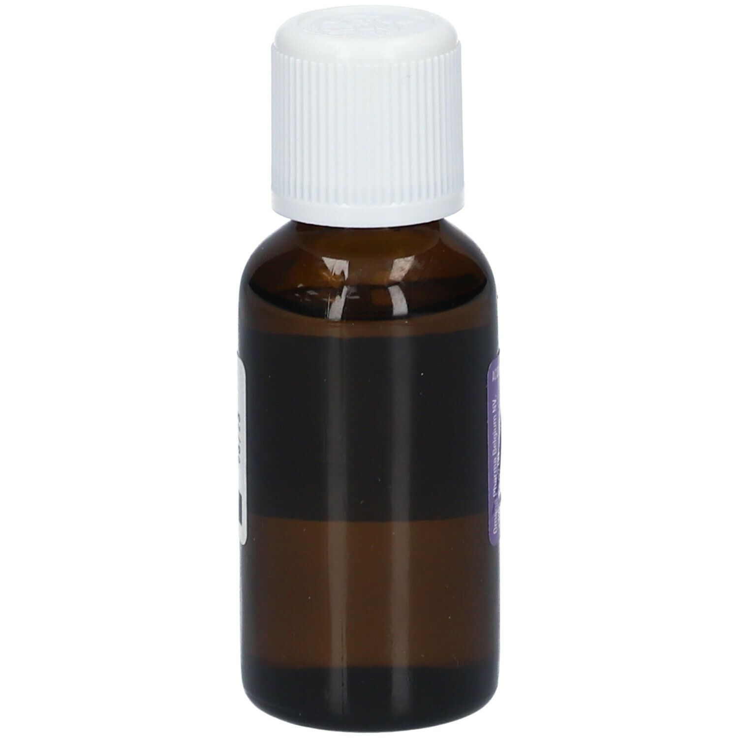 Braune Glasflasche mit weißem Deckel. Etikett mit Produktinformationen. 30 ml.