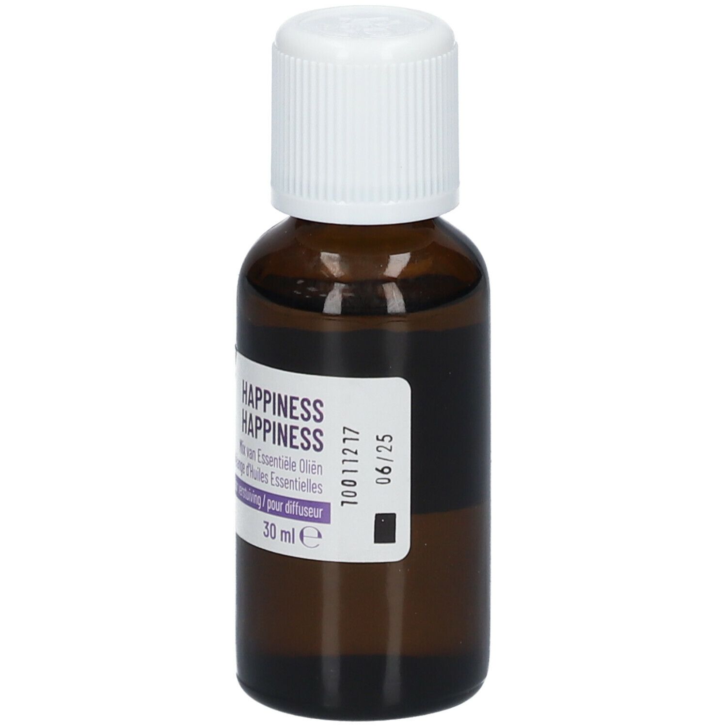Braune Glasflasche mit weißem Deckel. Etikett mit Produktinformationen. 30 ml.