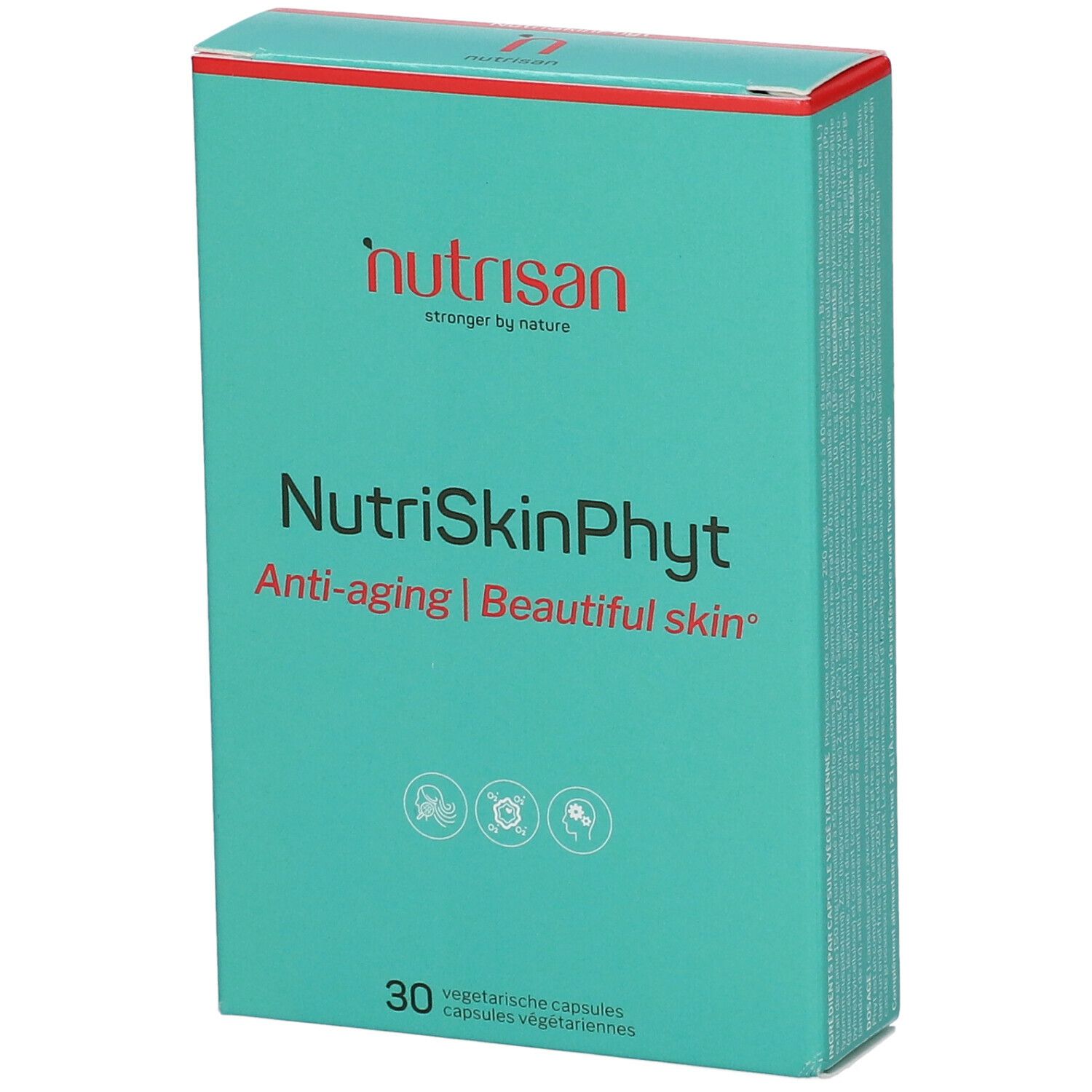 Turquoise doos met rode deksel. Opschrift: NutriSkinPhyt, Anti-aging | Beautiful skin. 30 vegetarische capsules. Merk: nutrisan.