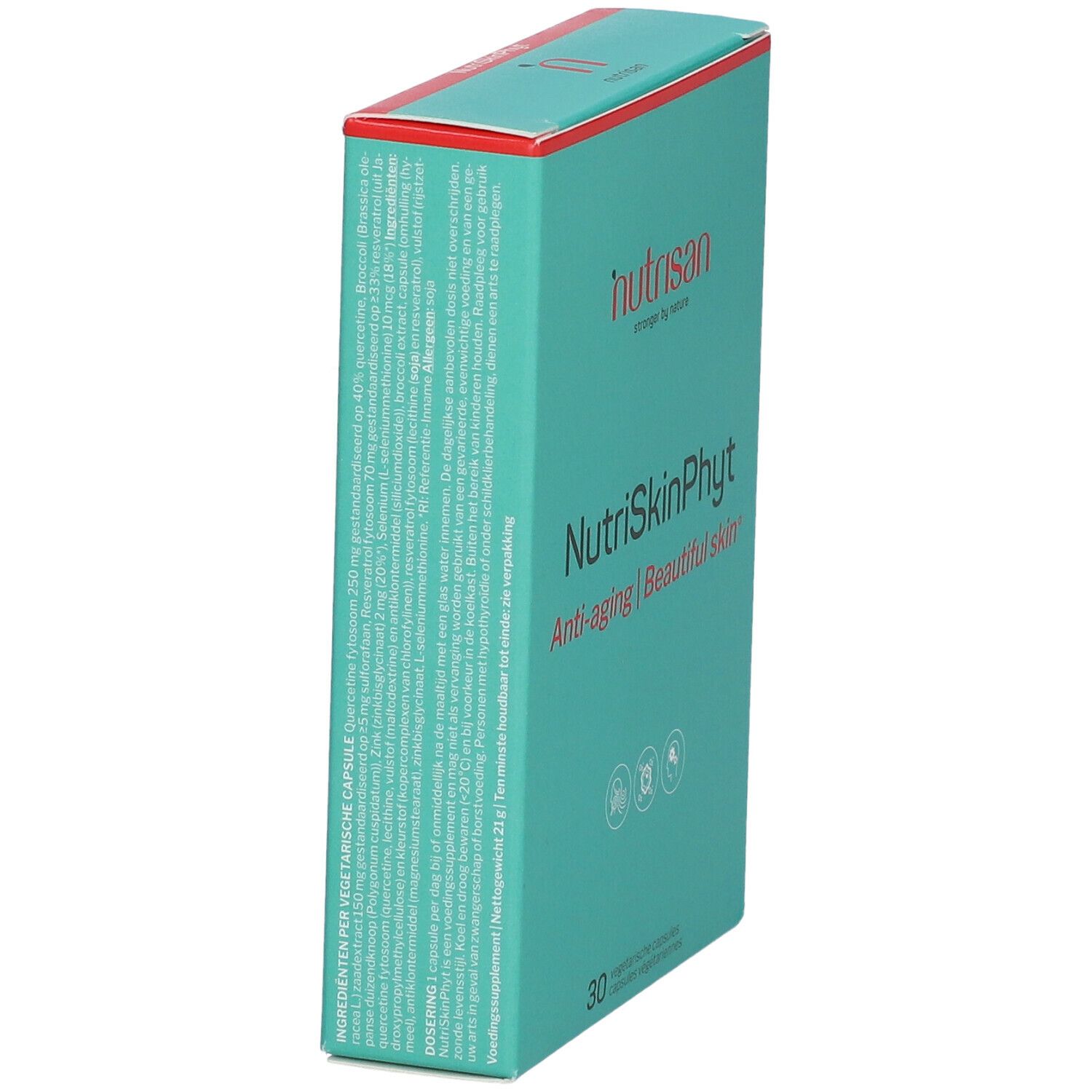 Turquoise doos met rode deksel. Tekst in meerdere talen op de zijkant. Merk: nutrisan. Onderaan: 30 vegetarische capsules.