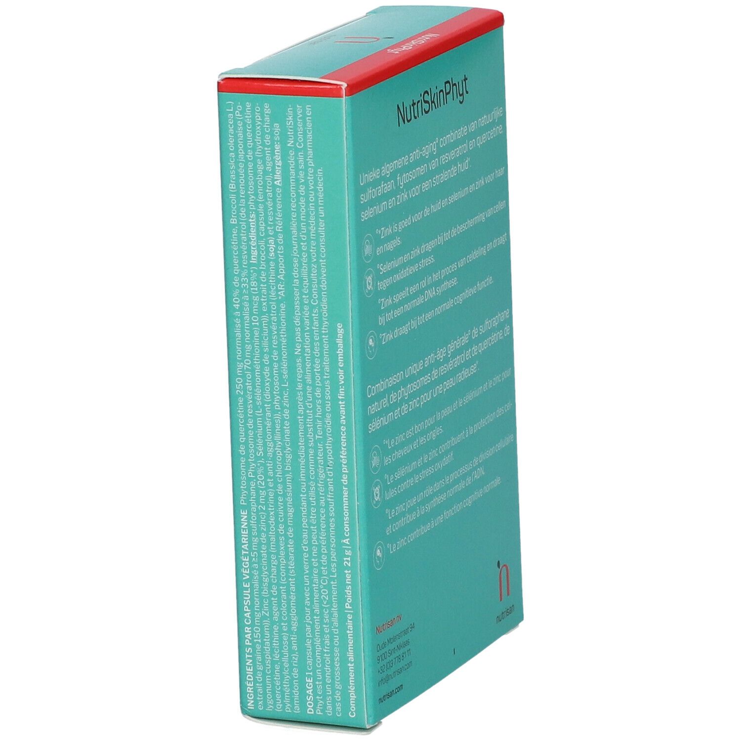 Turquoise doos met rode deksel. Tekst in meerdere talen op de zijkant. Merk: nutrisan. Onderaan: 30 vegetarische capsules.