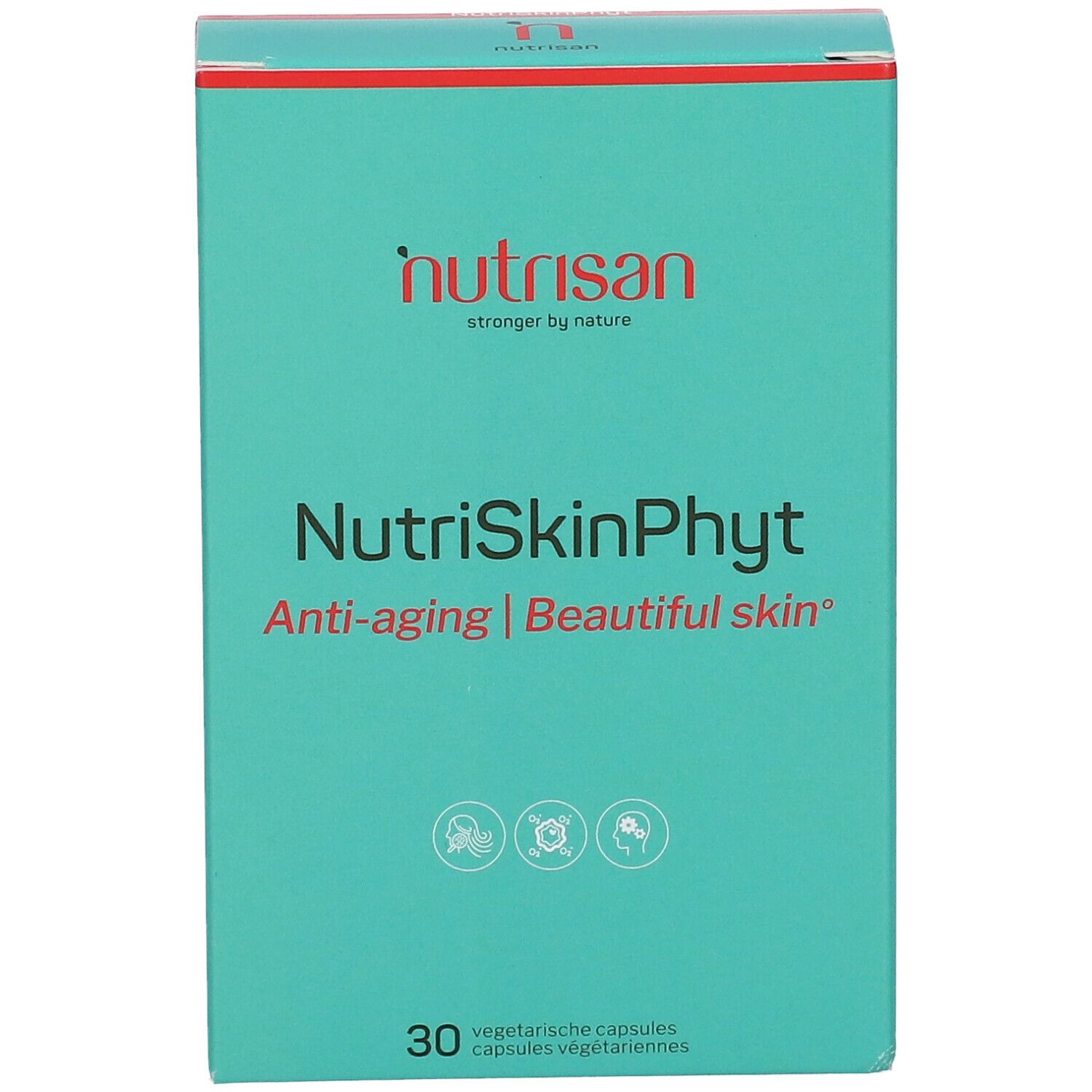 Turquoise doos met rode deksel. Opschrift: NutriSkinPhyt, Anti-aging | Beautiful skin. 30 vegetarische capsules. Merk: nutrisan.