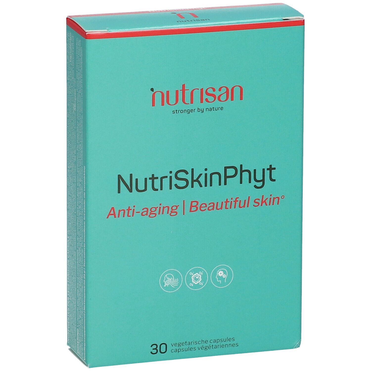 Turquoise doos met rode deksel. Opschrift: NutriSkinPhyt, Anti-aging | Beautiful skin. 30 vegetarische capsules. Merk: nutrisan.