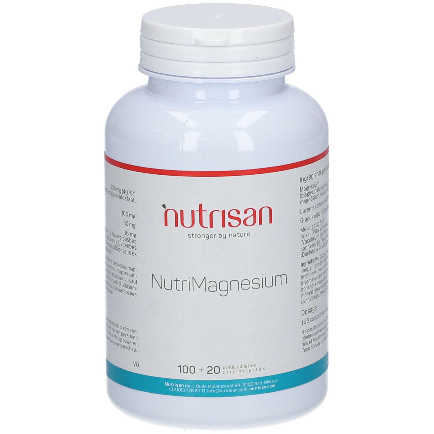Witte fles Nutrisan NutriMagnesium. Rode streep. 100+20 tabletten. Sterker door de natuur.