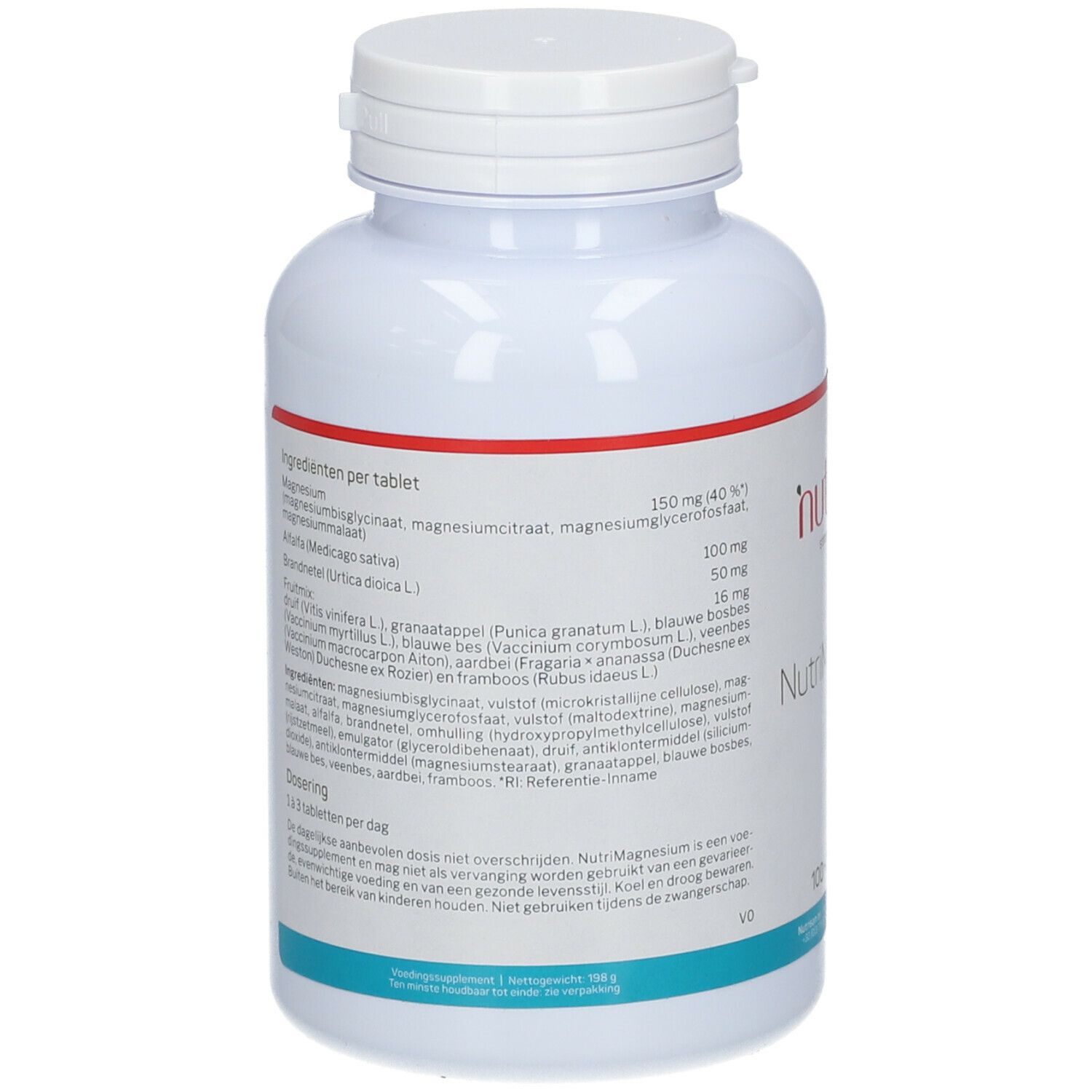 Achterkant witte fles Nutrisan NutriMagnesium. Ingrediënten per tablet. Dosering: 1-3 tabletten per dag.
