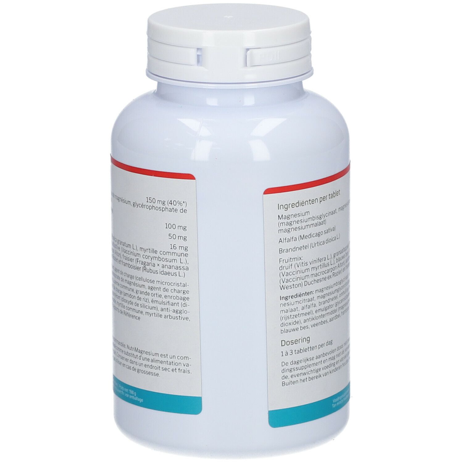 Achterkant witte fles Nutrisan NutriMagnesium. Ingrediënten per tablet. Dosering: 1-3 tabletten per dag.
