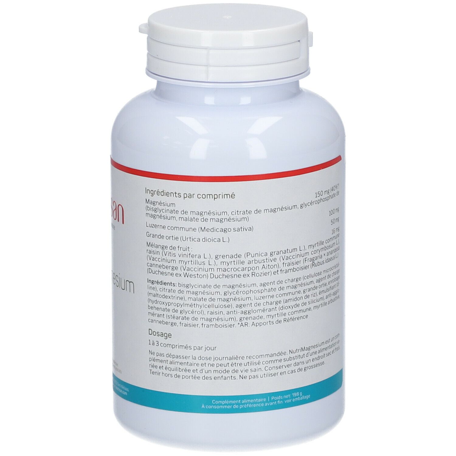 Achterkant witte fles Nutrisan NutriMagnesium. Ingrediënten per tablet. Dosering: 1-3 tabletten per dag.