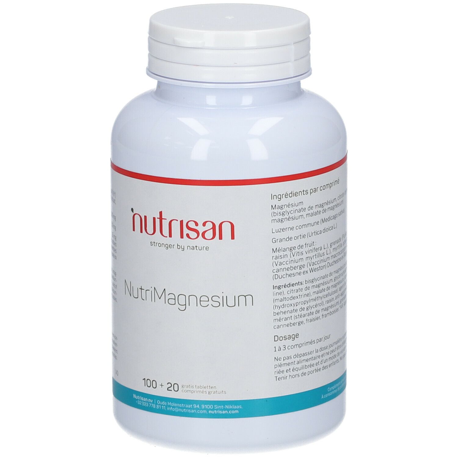 Witte fles Nutrisan NutriMagnesium. Rode streep. 100+20 tabletten. Sterker door de natuur.