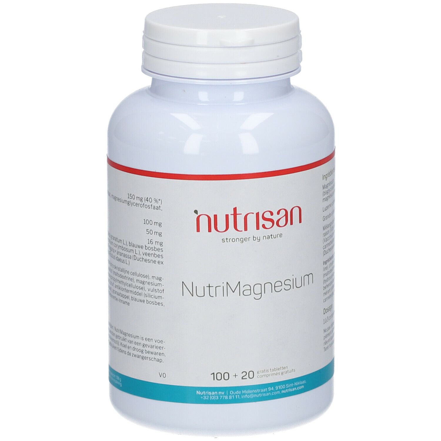 Witte fles Nutrisan NutriMagnesium. Rode streep. 100+20 tabletten. Sterker door de natuur.