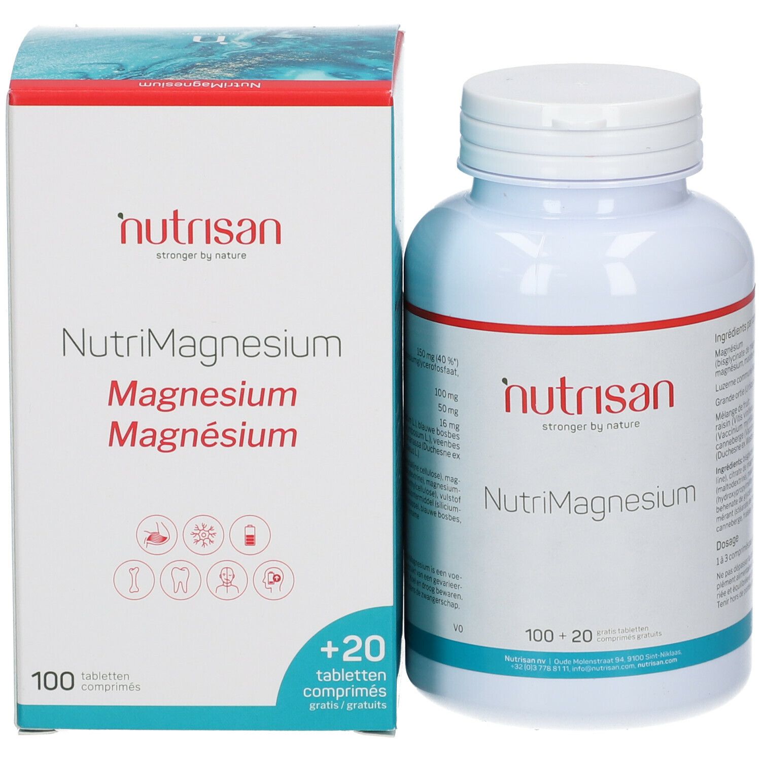 Nutrisan NutriMagnesium fles en doos. 100+20 tabletten. Magnesium. Sterker door de natuur. Gratis.