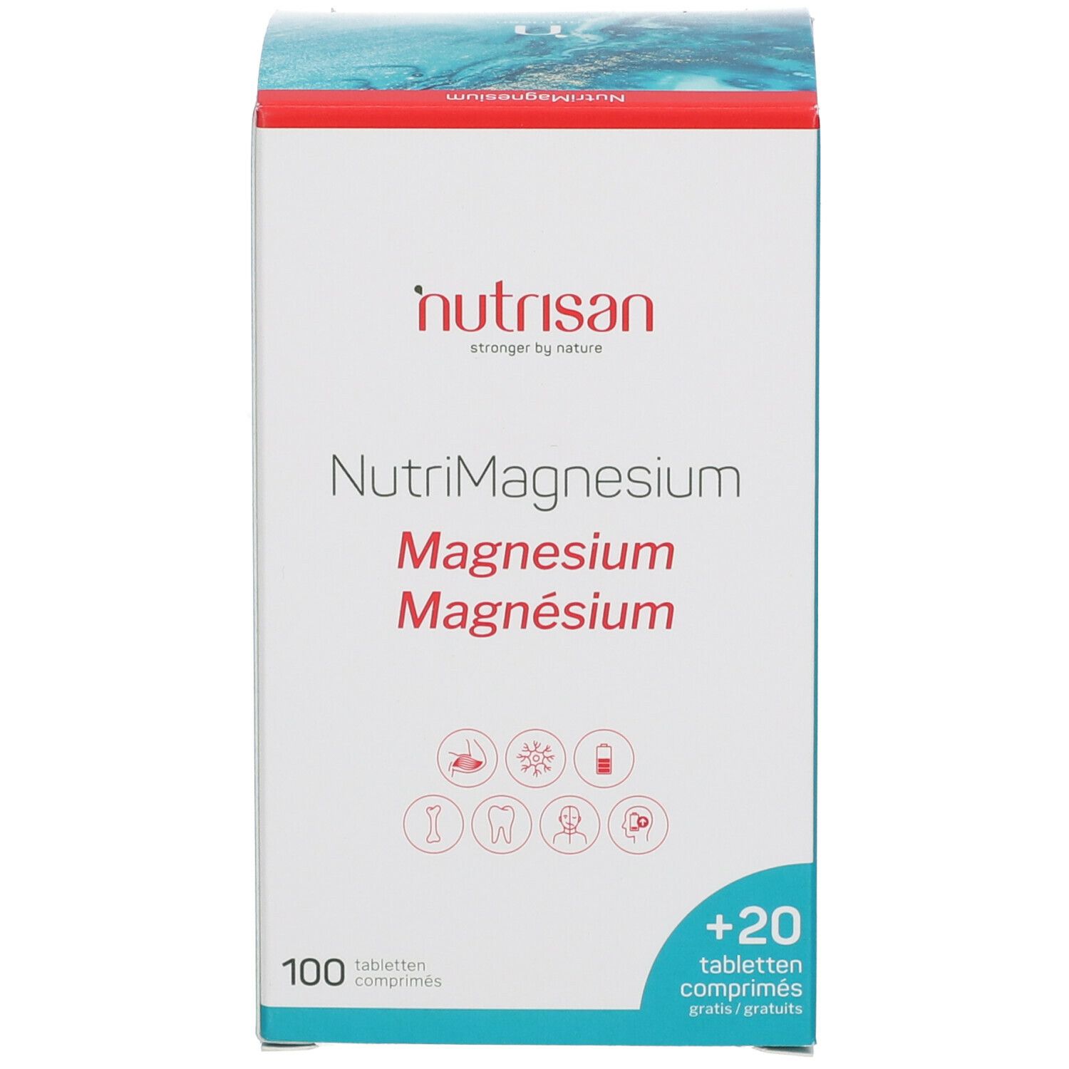 Doos Nutrisan NutriMagnesium. 100 tabletten + 20 gratis. Magnesium. Sterker door de natuur. Gratis.