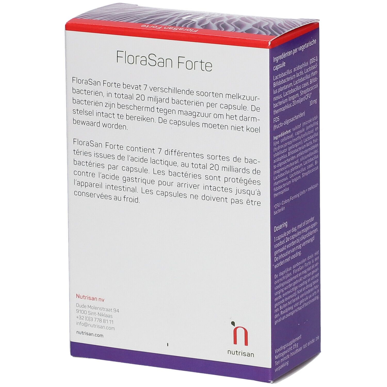 Rückseite der 'FloraSan Forte' Verpackung. Enthält Informationen über die Bakterienzusammensetzung. Weiß und lila.