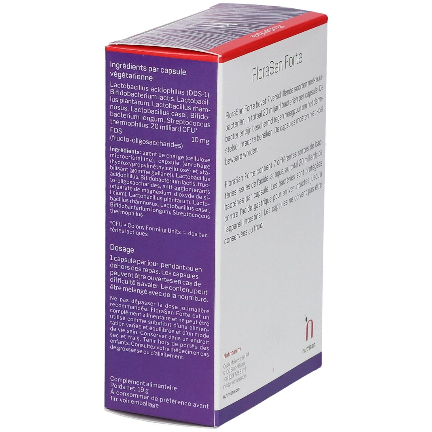 Seitenansicht der 'FloraSan Forte' Verpackung. Enthält Informationen über die Dosierung. Weiß und lila.