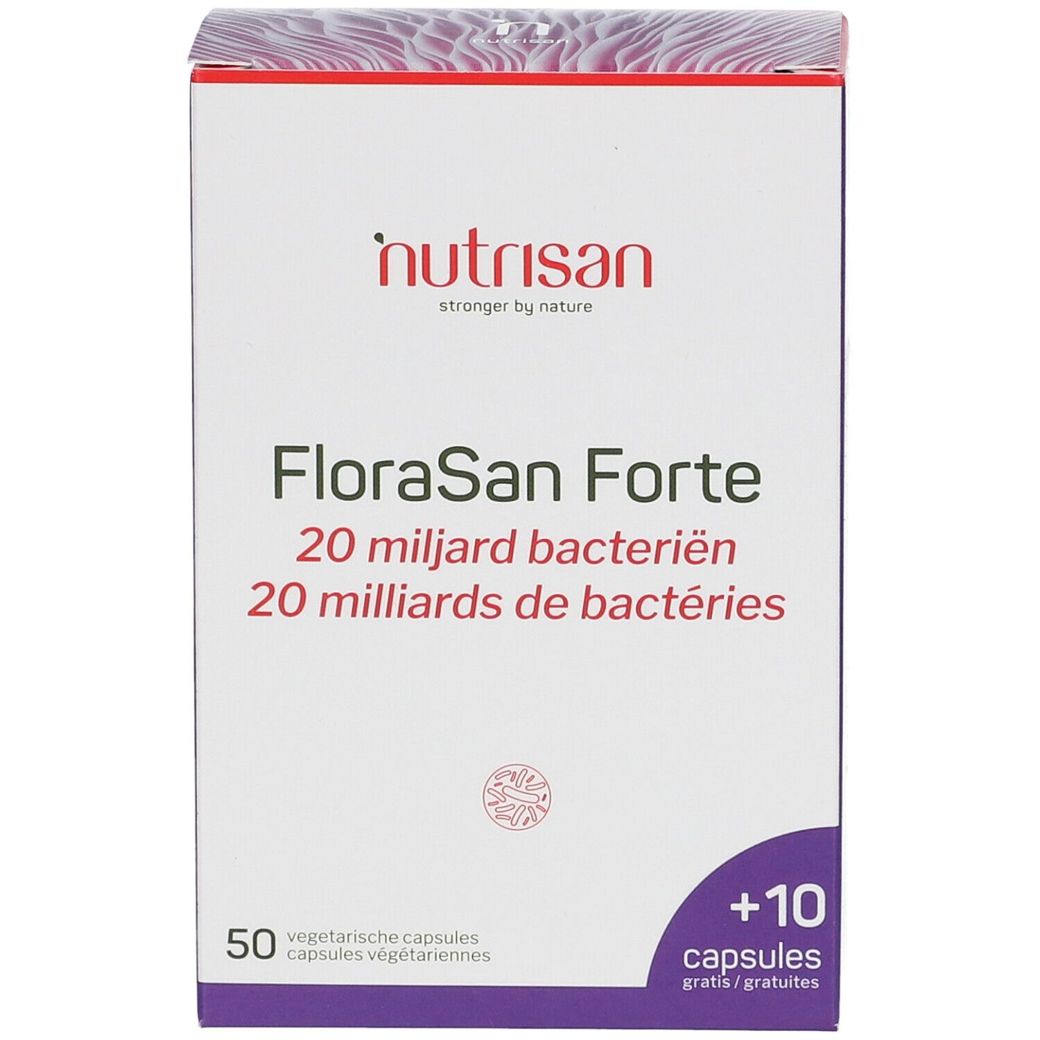 Weiße 'FloraSan Forte' Verpackung mit 'Nutrisan' Logo. Enthält 50 + 10 Kapseln. Lila Akzente.