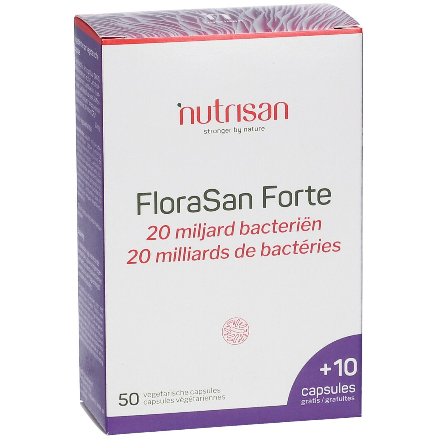 Weiße 'FloraSan Forte' Verpackung mit 'Nutrisan' Logo. Enthält 50 + 10 Kapseln. Lila Akzente.