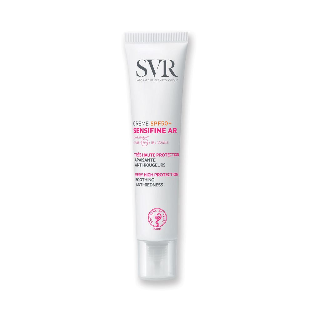 Crèmetube SVR Sensifine AR SPF50+. Witte tube met rode en zwarte tekst.
